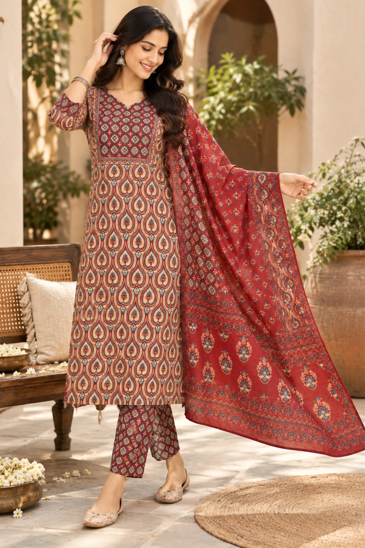 Maroon Ethnic Printed Cotton Suit Set-Global Republic