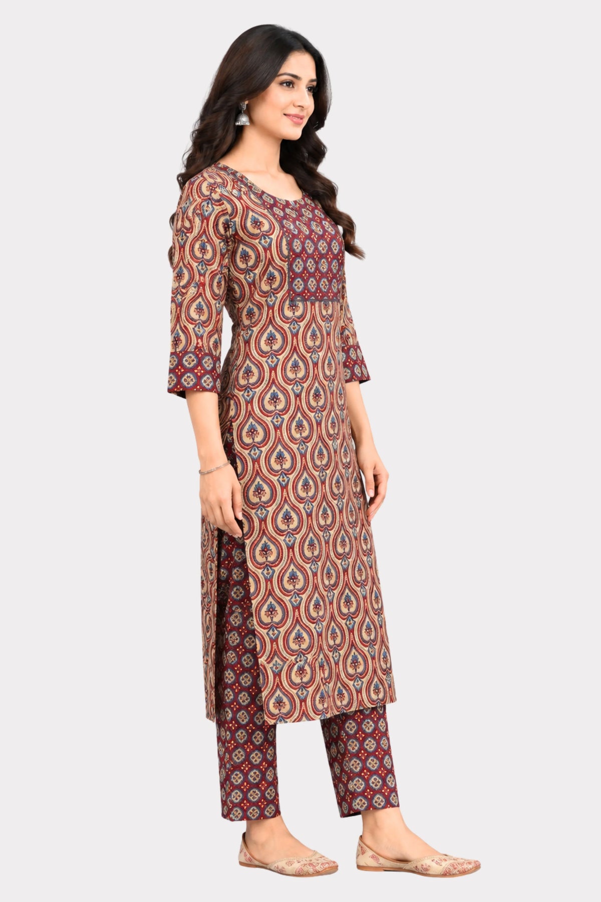 Maroon Ethnic Printed Cotton Suit Set-Global Republic