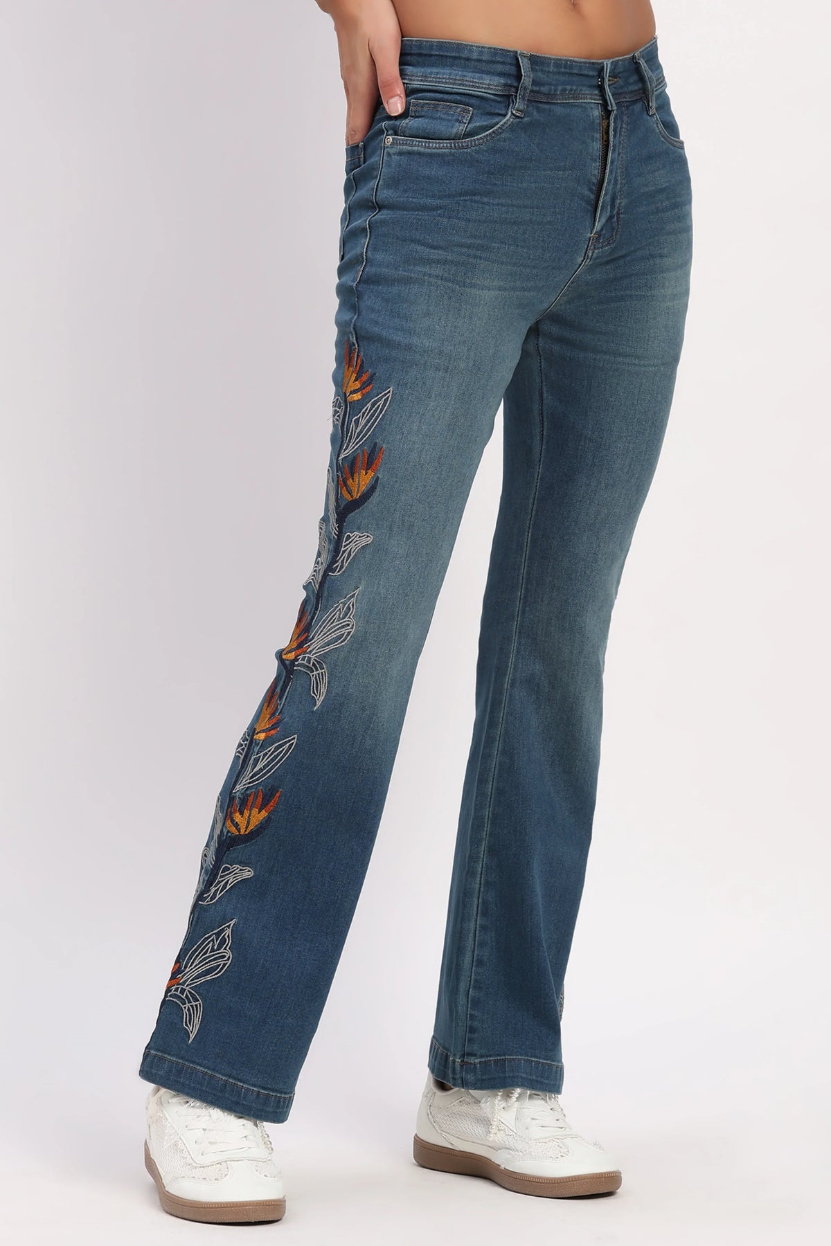 Blue Embroidered Bootcut Jeans-Global Republic