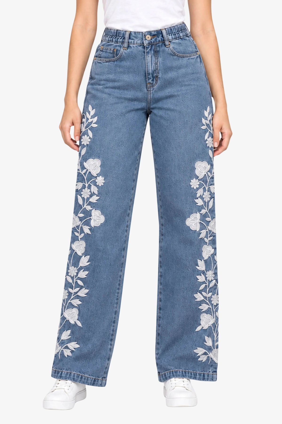Light Blue Floral Embroidered Jeans-Global Republic
