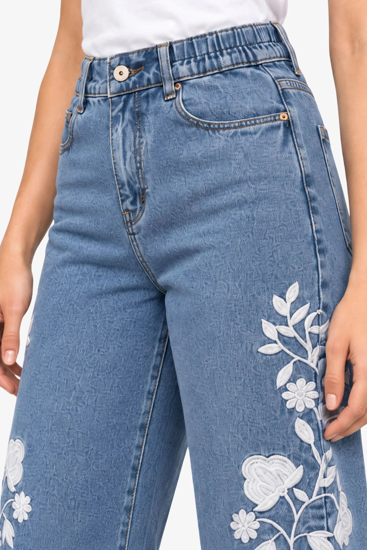 Light Blue Floral Embroidered Jeans-Global Republic