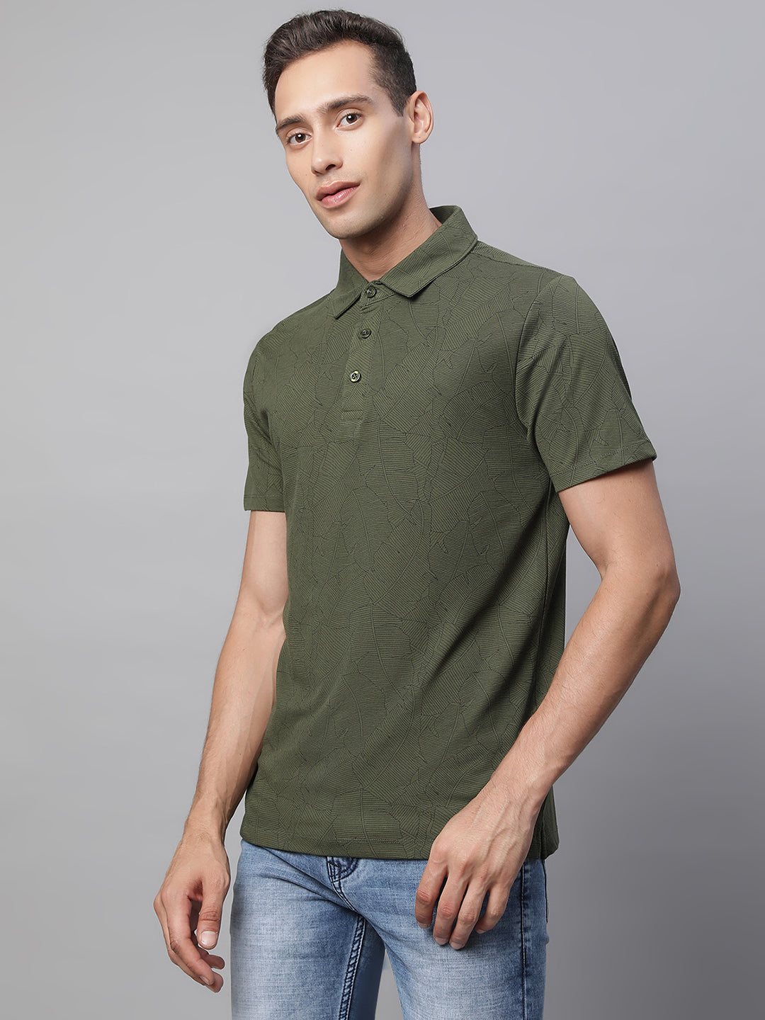 Mens Olive Collar Neck Printed T-Shirt