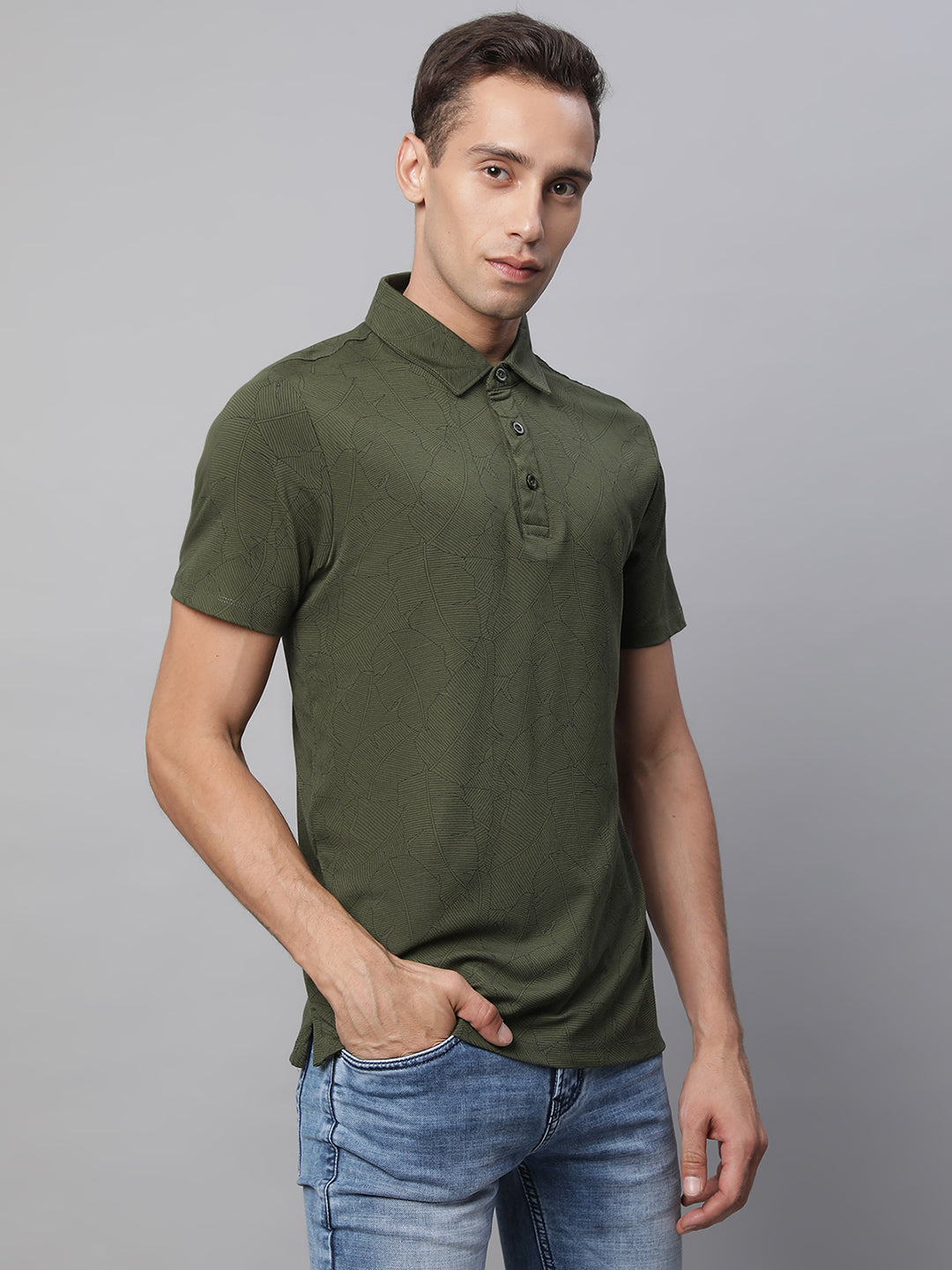 Mens Olive Collar Neck Printed T-Shirt