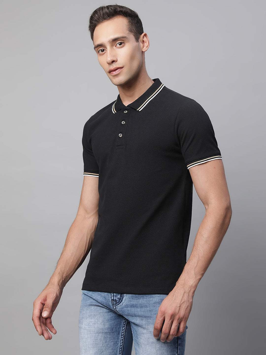 Mens Black Collar Neck Solid T-Shirt