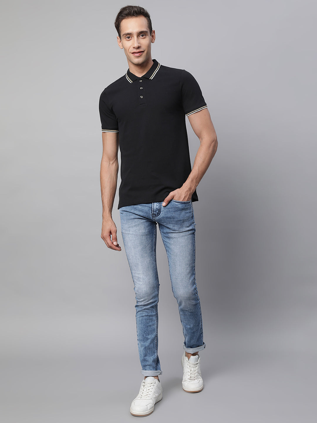 Mens Black Collar Neck Solid T-Shirt