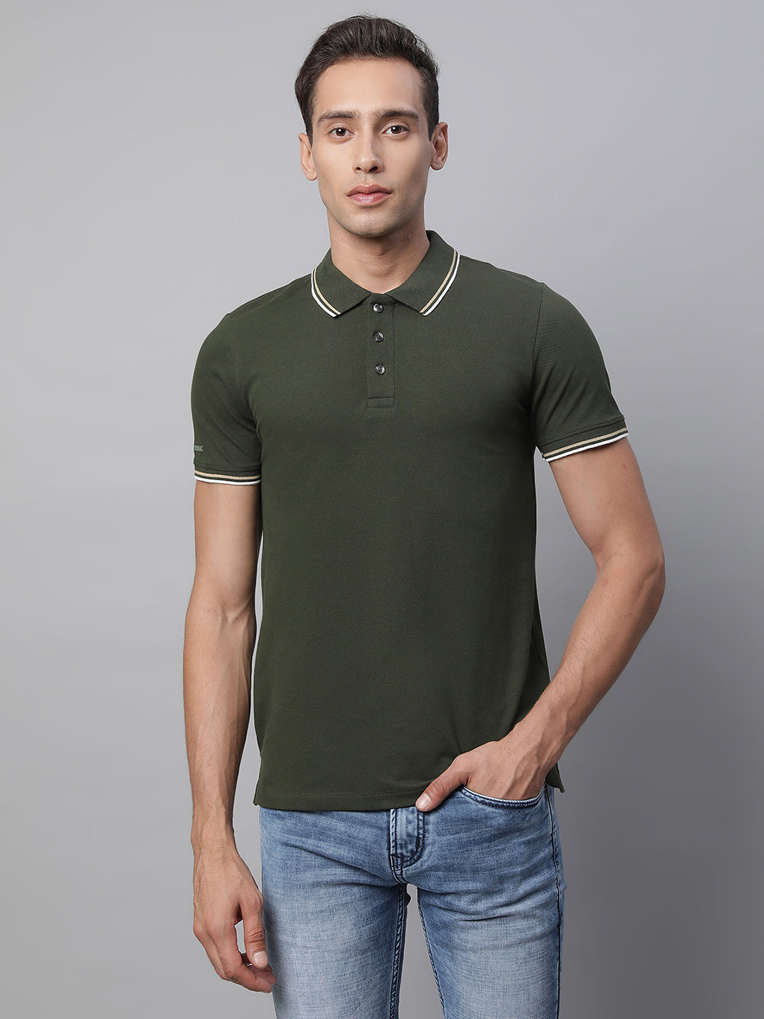 Mens Olive Collar Neck Solid T-Shirt