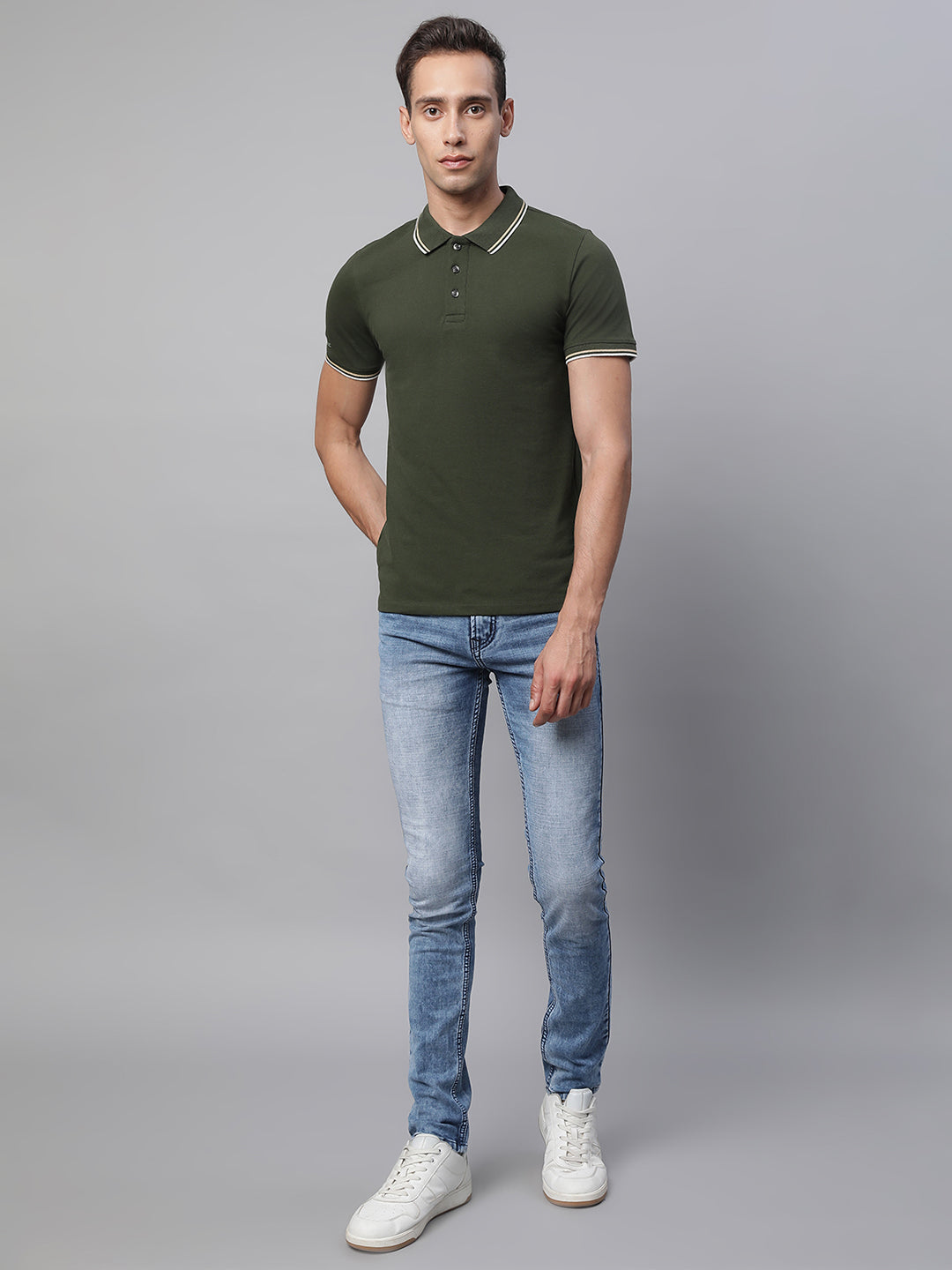 Mens Olive Collar Neck Solid T-Shirt