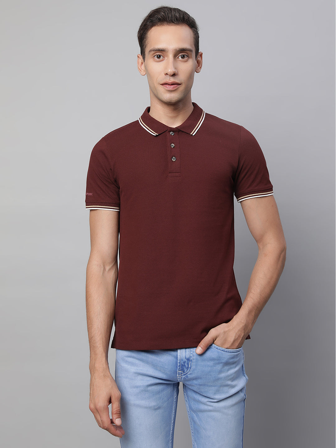 Mens Wine Collar Neck Solid T-Shirt