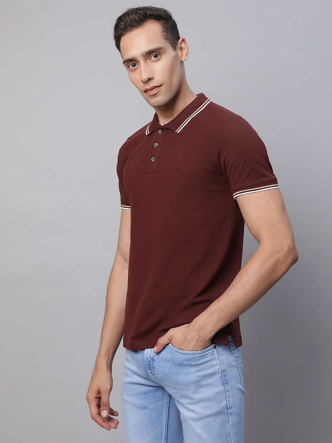 Mens Wine Collar Neck Solid T-Shirt