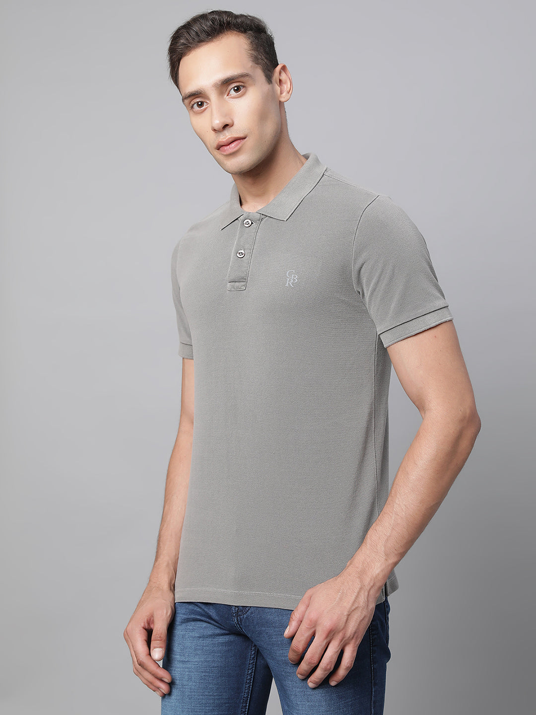Mens Grey Collar Neck Solid T-Shirt - Global Republic
