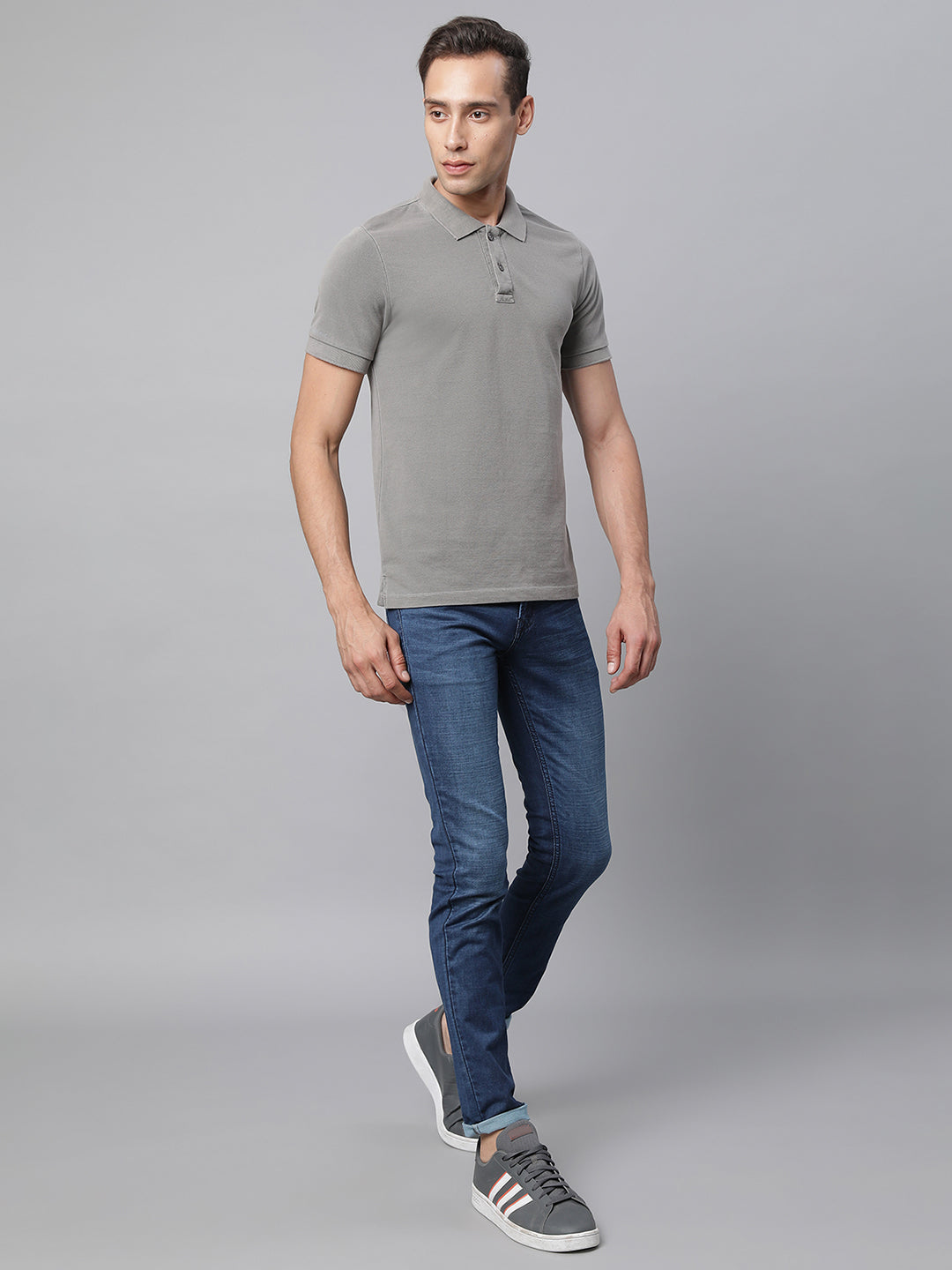 Mens Grey Collar Neck Solid T-Shirt - Global Republic