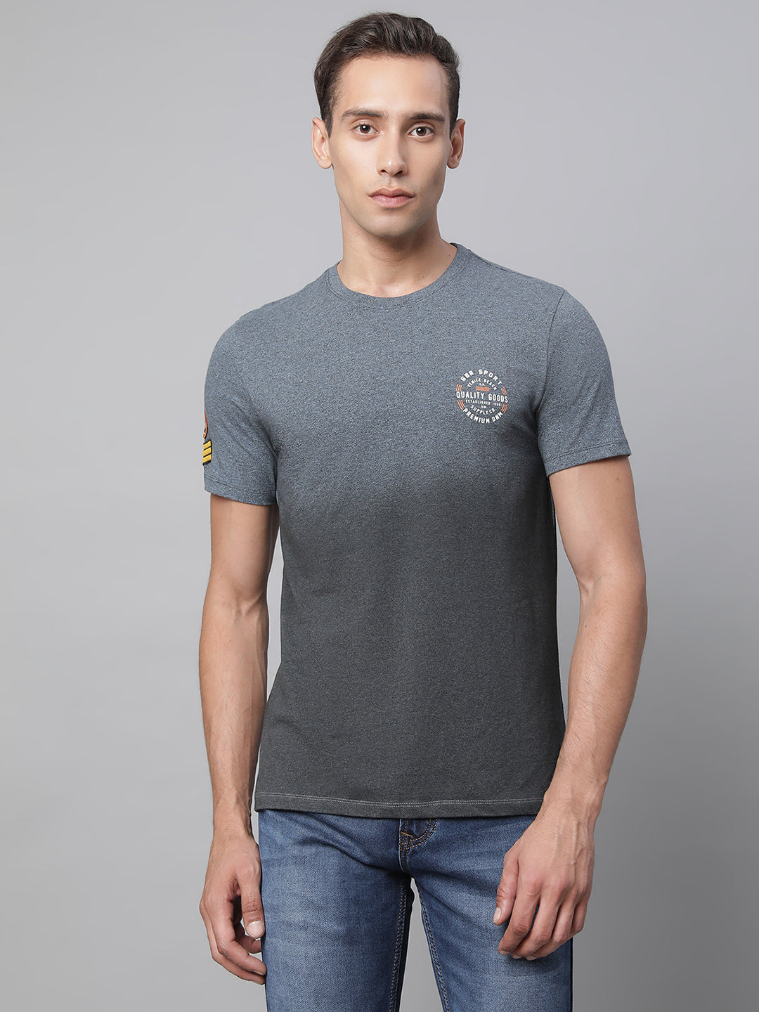 Navy Blue Round Neck Solid T-Shirt - Global Republic