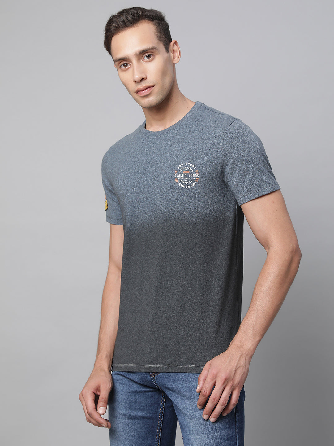 Navy Blue Round Neck Solid T-Shirt - Global Republic