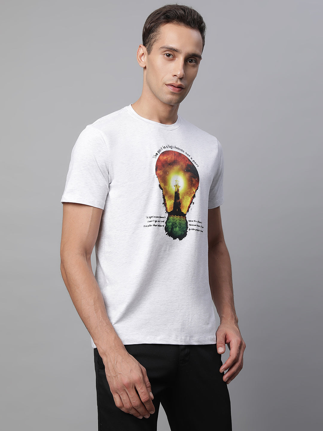 Mens Ecru Round Neck Printed T-Shirt - Global Republic