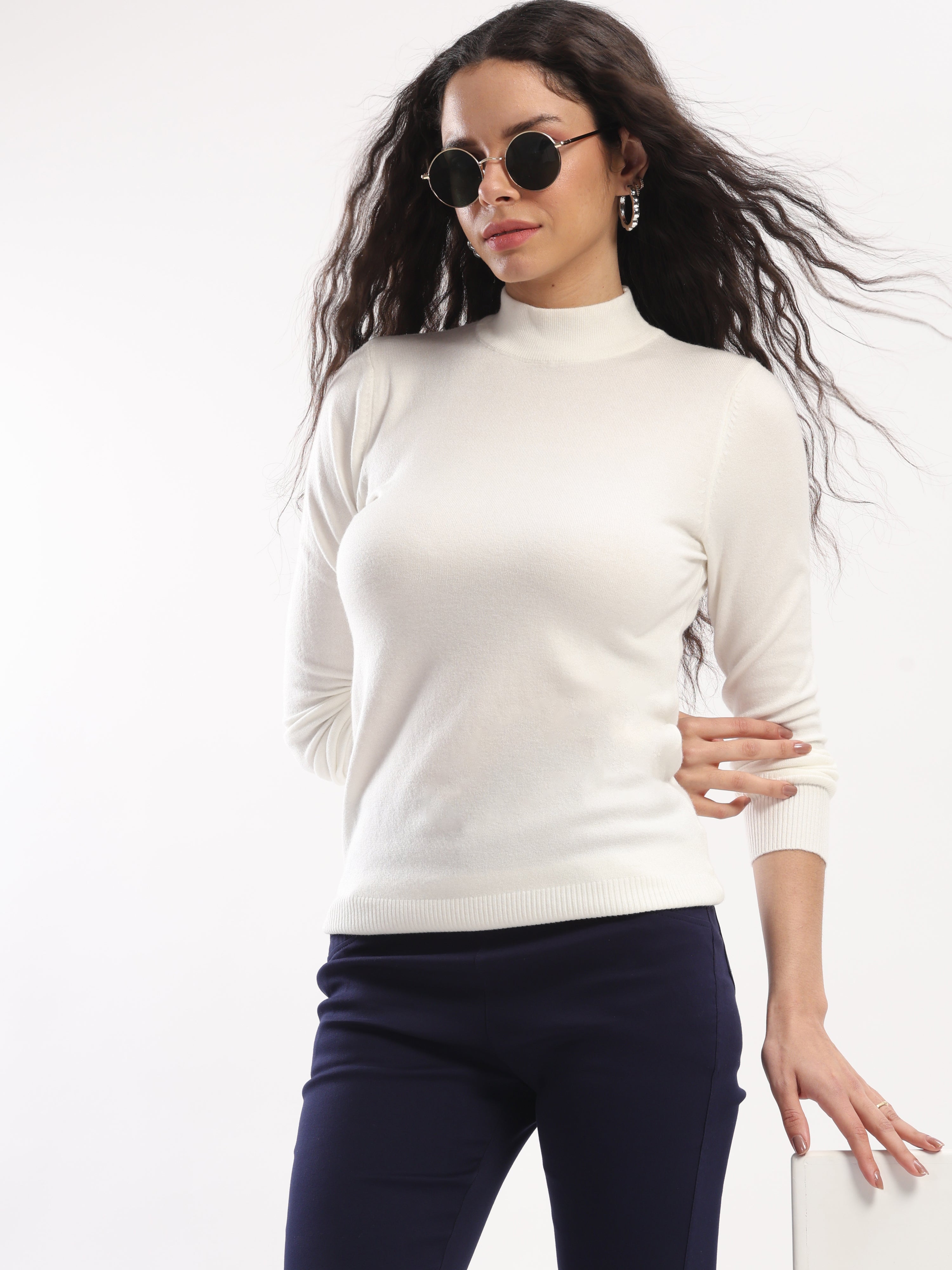 Ecru Turtle Neck Slim Skivvy Pullover - Global Republic