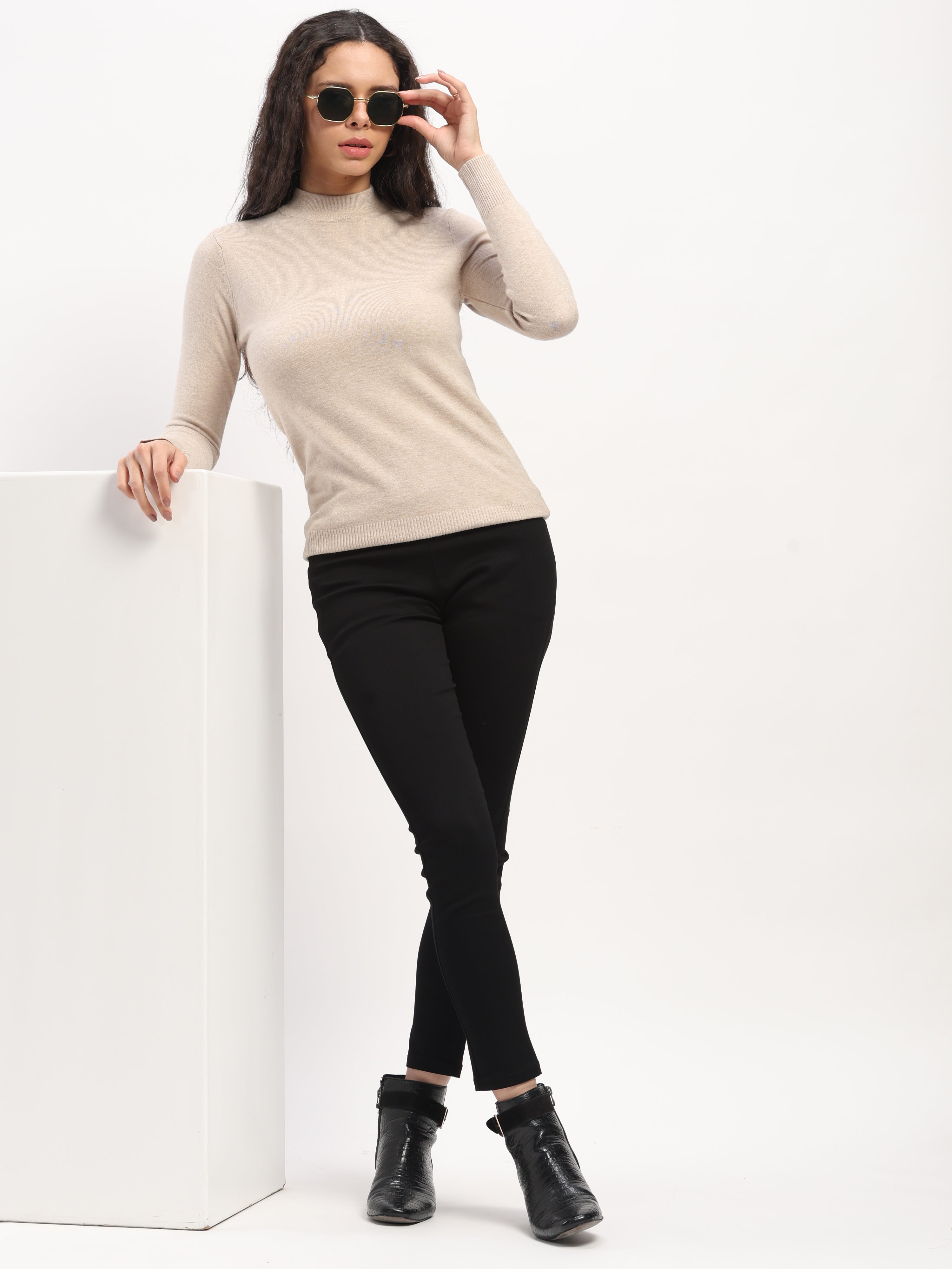 Beige Solid Wool Blend Pullover - Global Republic