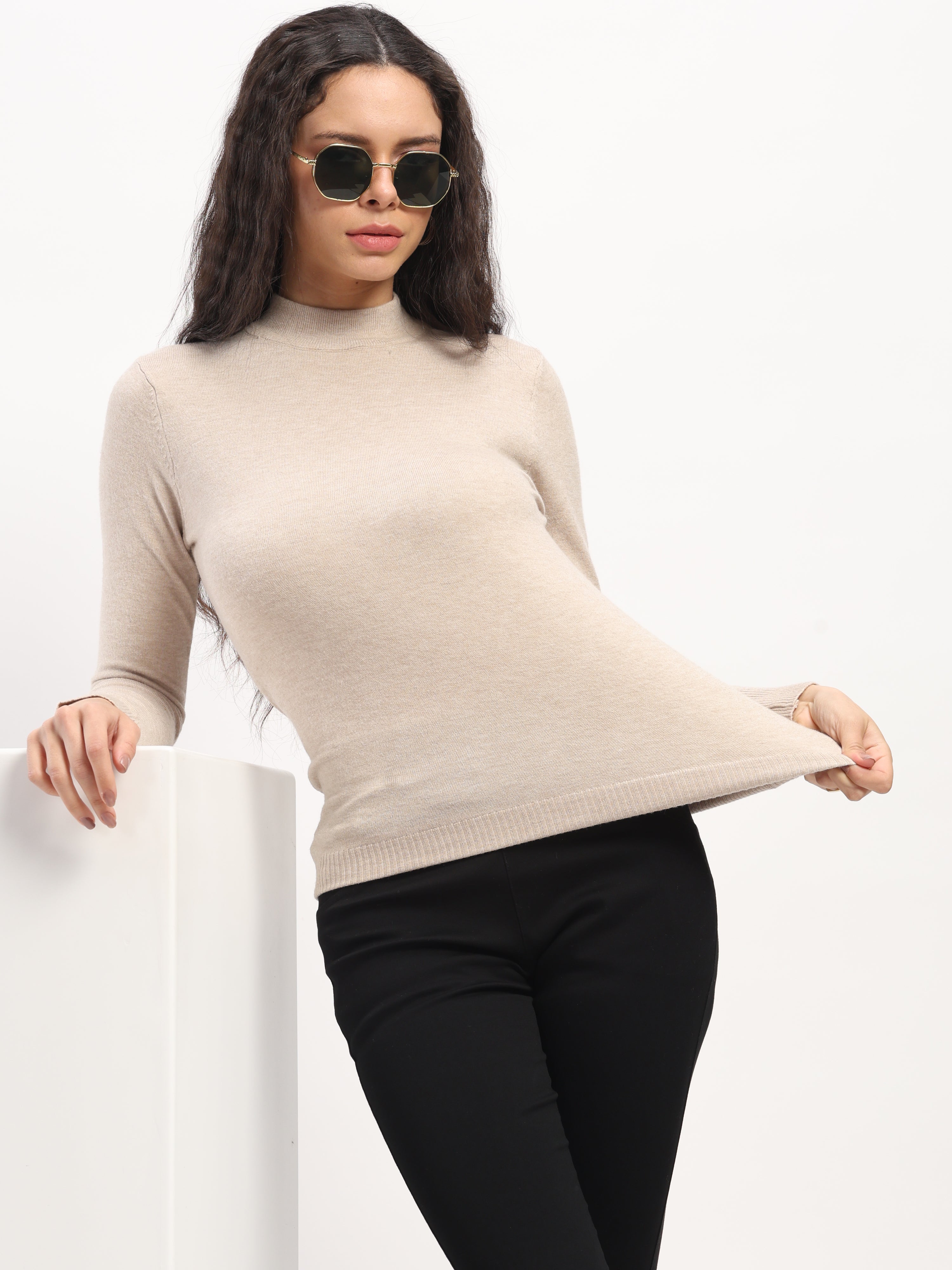 Beige Solid Wool Blend Pullover - Global Republic