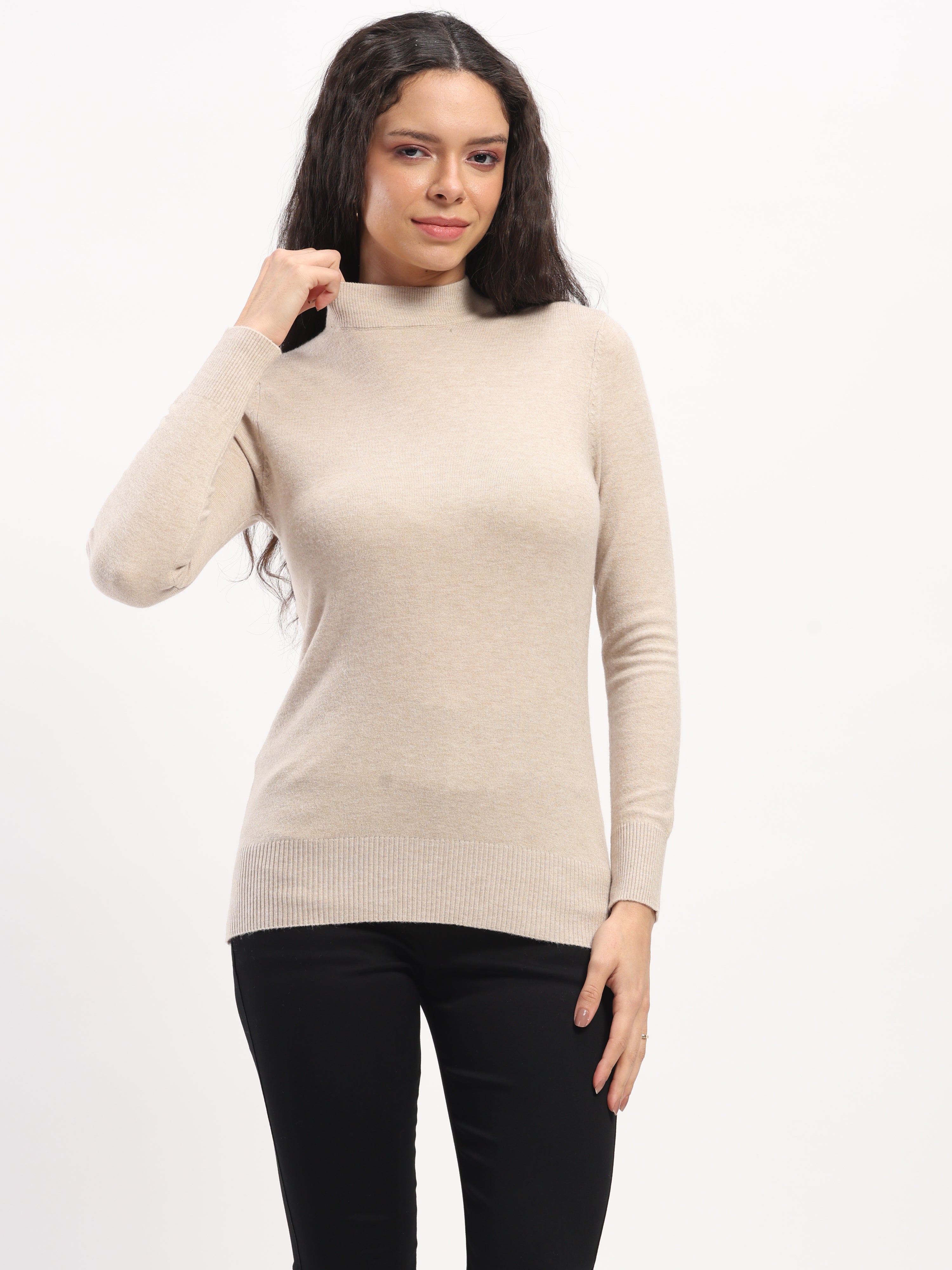 Beige Solid Wool Blend Pullover - Global Republic