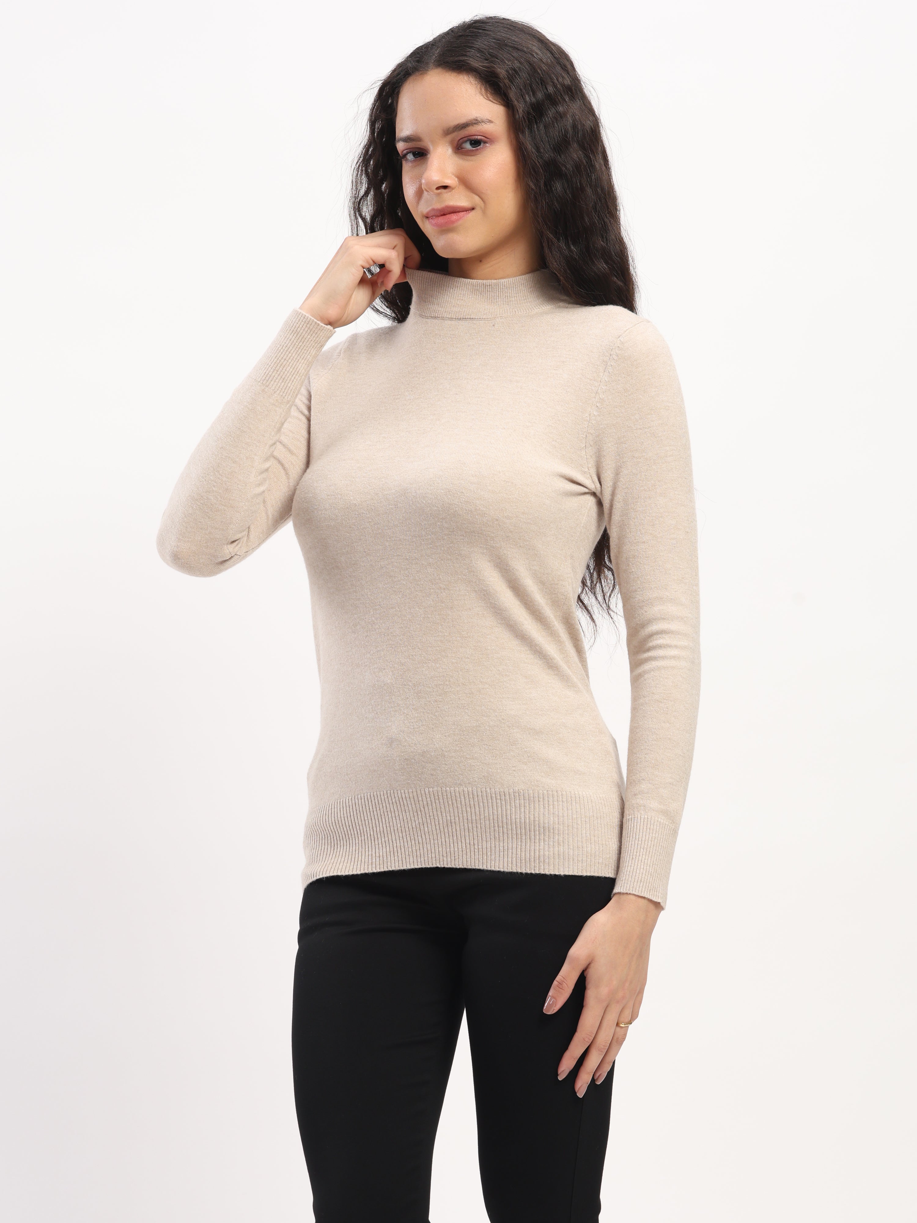 Beige Solid Wool Blend Pullover - Global Republic