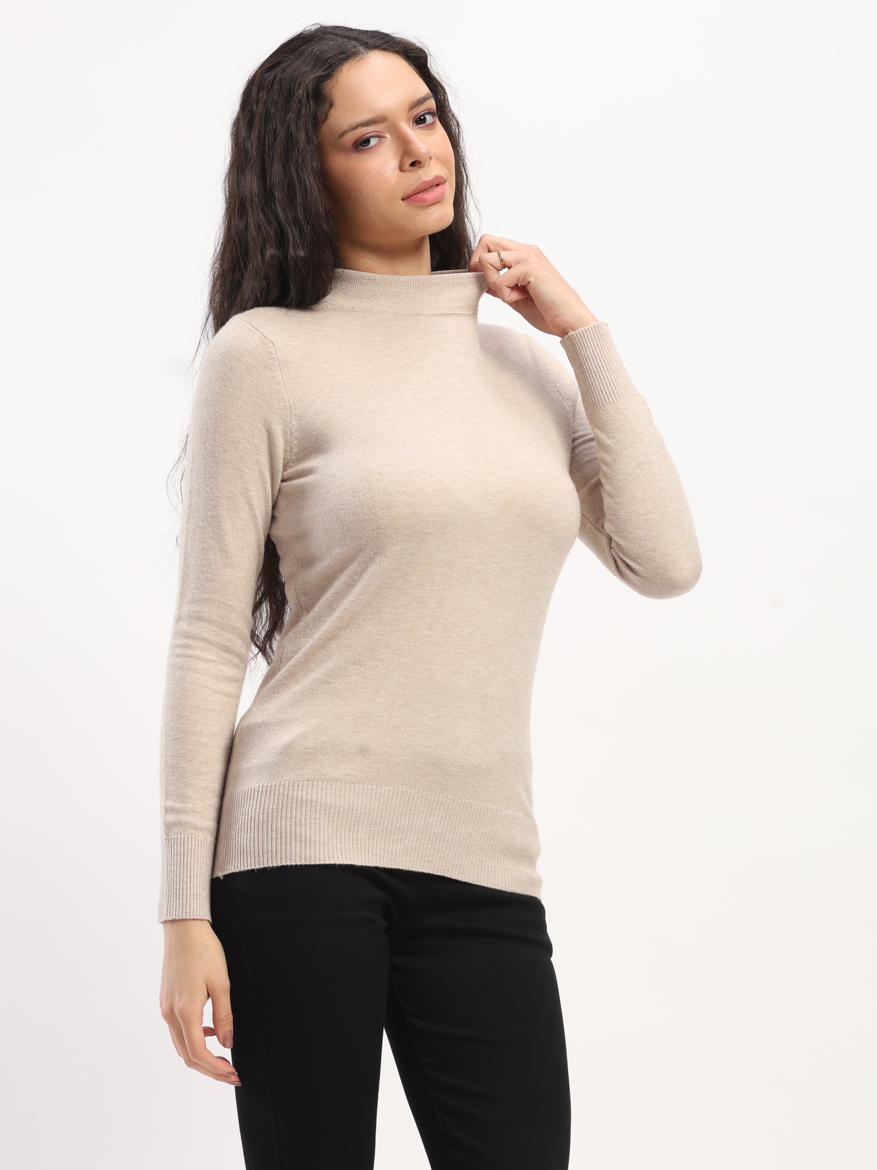 Beige Solid Wool Blend Pullover - Global Republic
