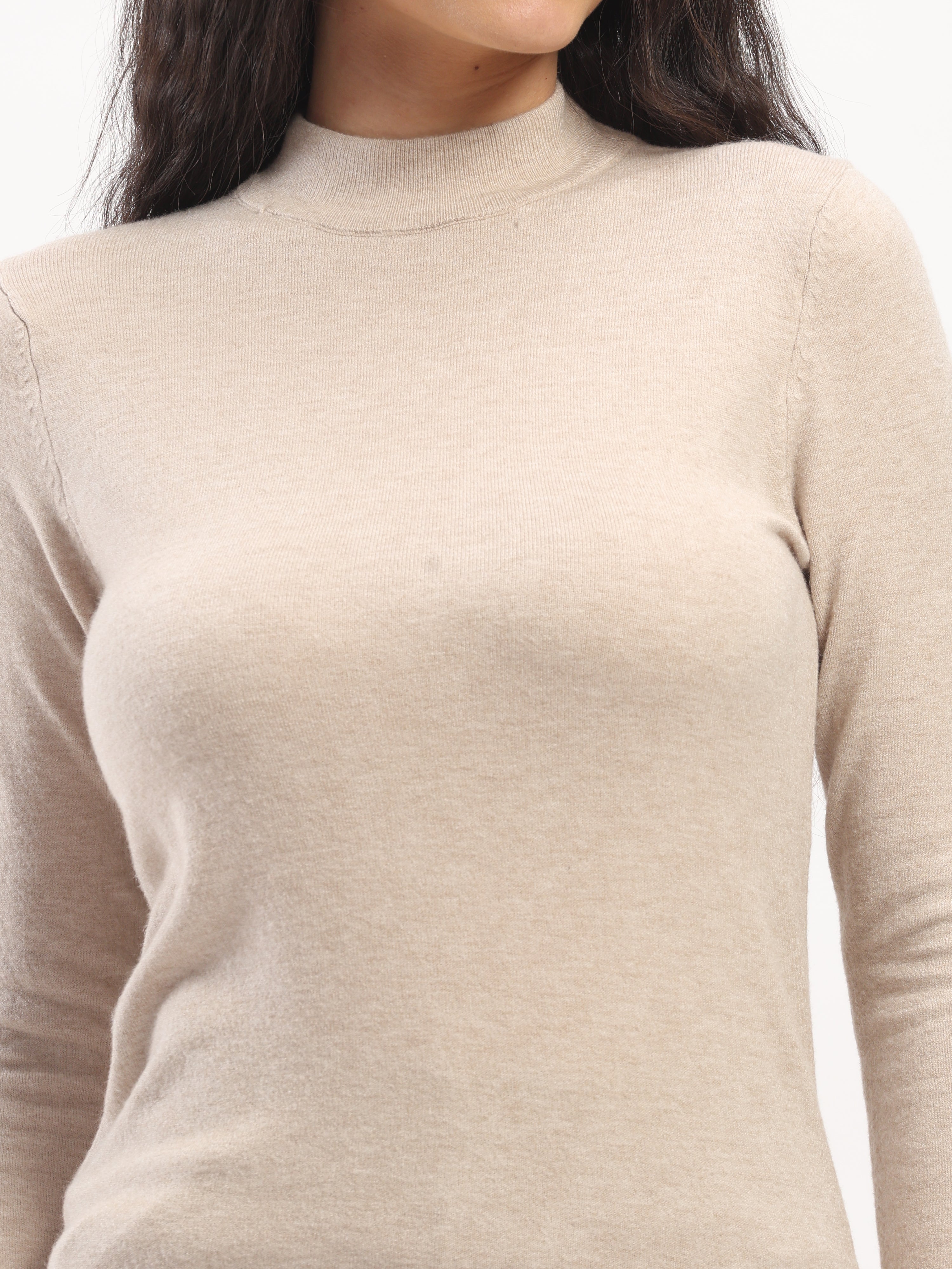 Beige Solid Wool Blend Pullover - Global Republic
