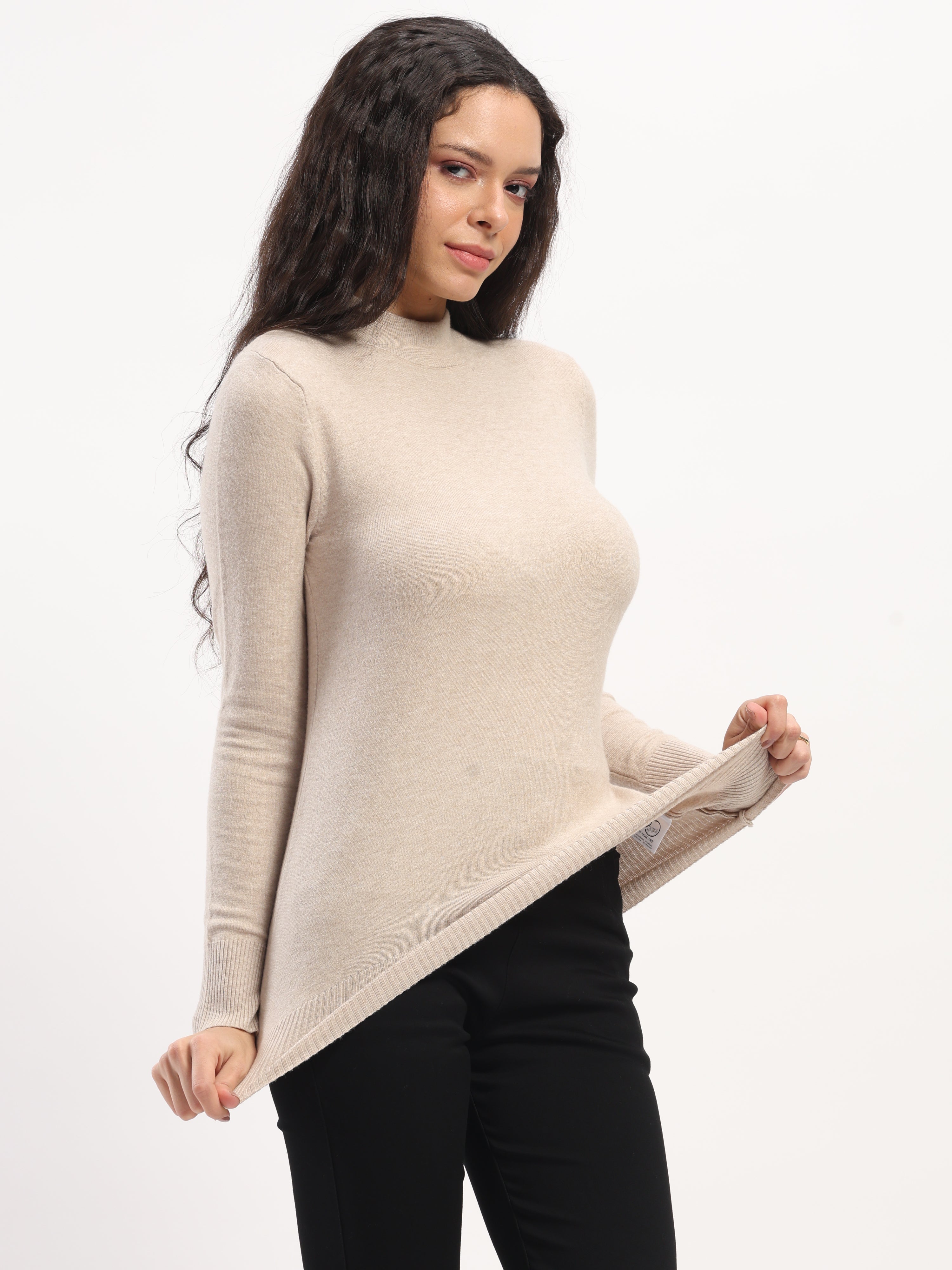 Beige Solid Wool Blend Pullover - Global Republic