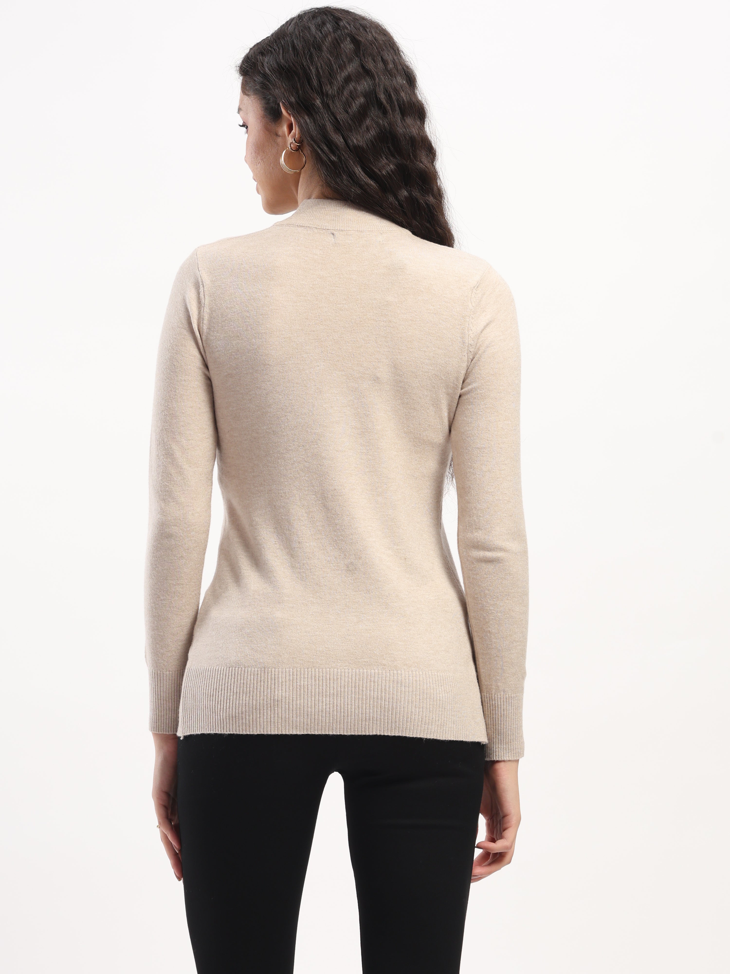 Beige Solid Wool Blend Pullover - Global Republic