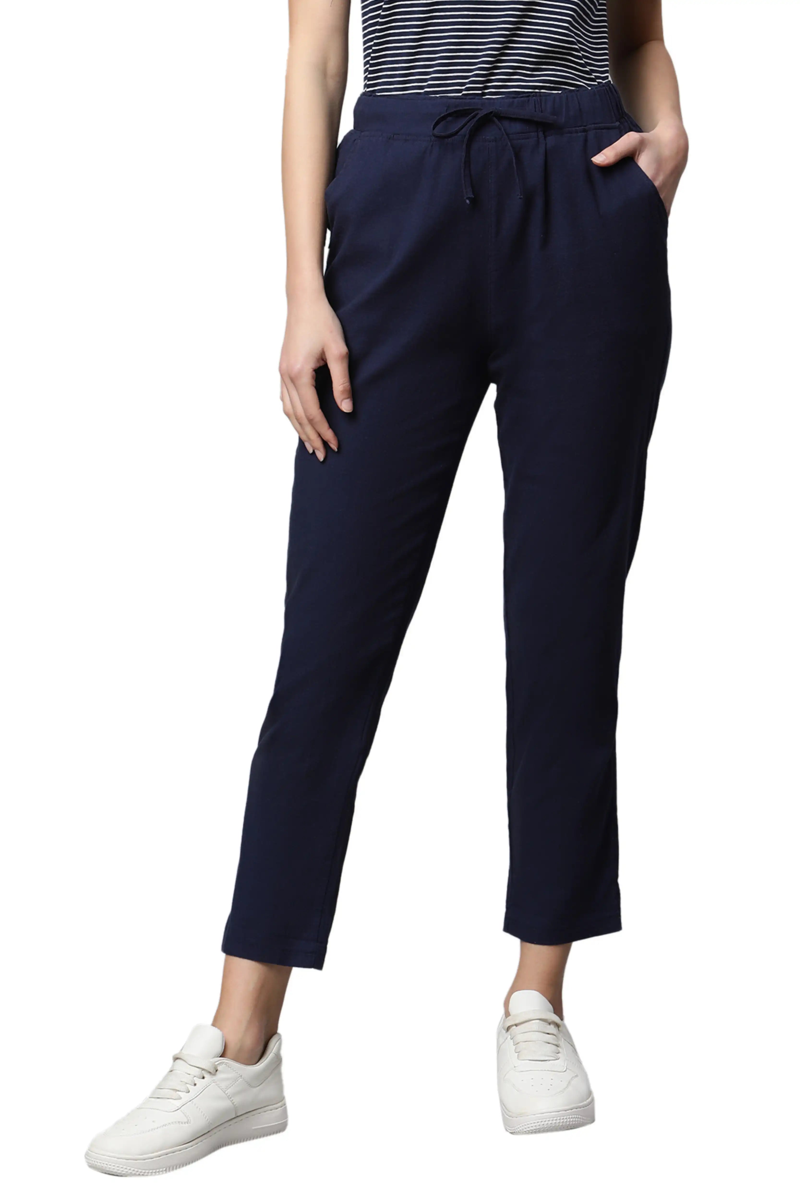 Navy Blue Cotton Regular Fit Lower