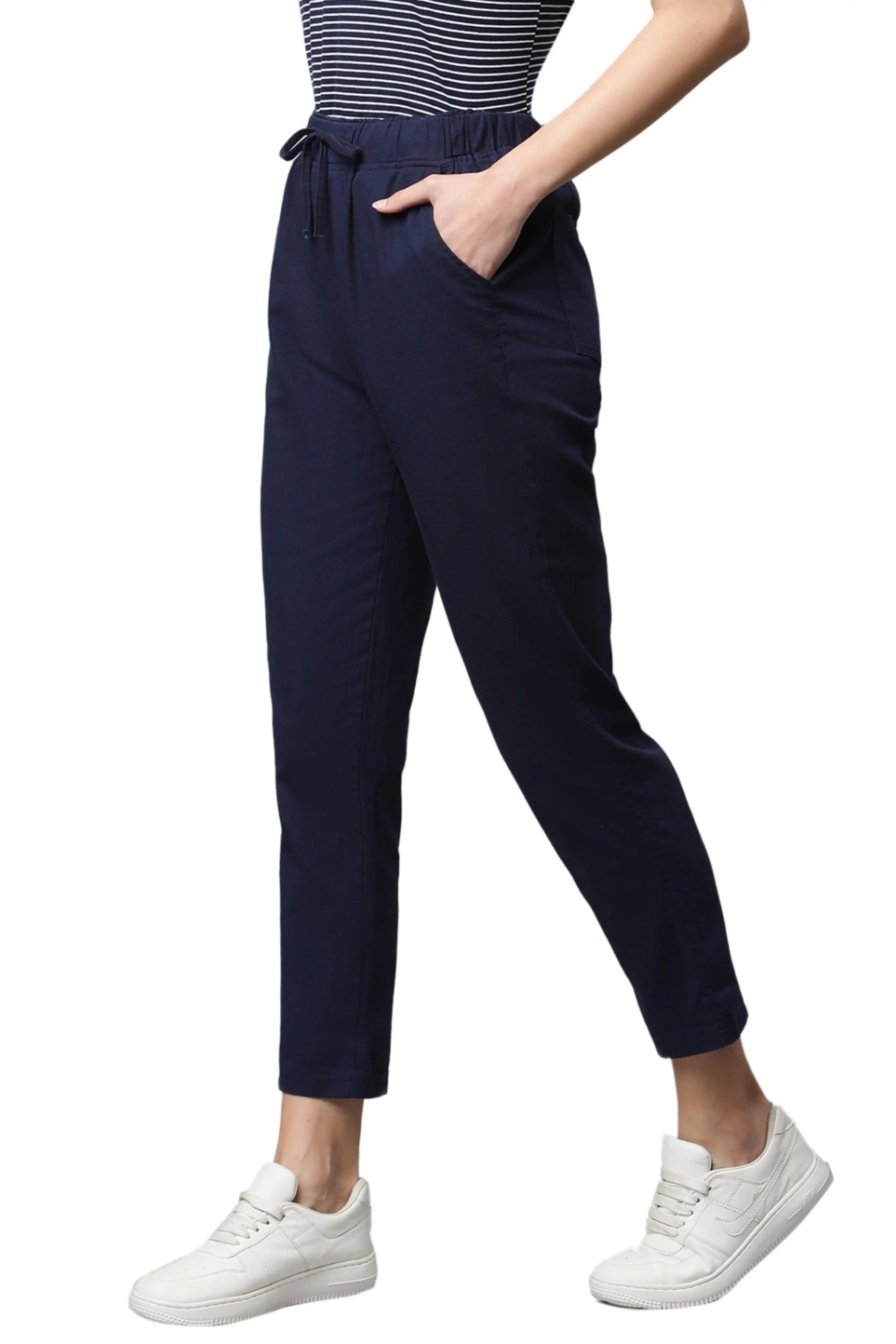 Navy Blue Cotton Regular Fit Lower