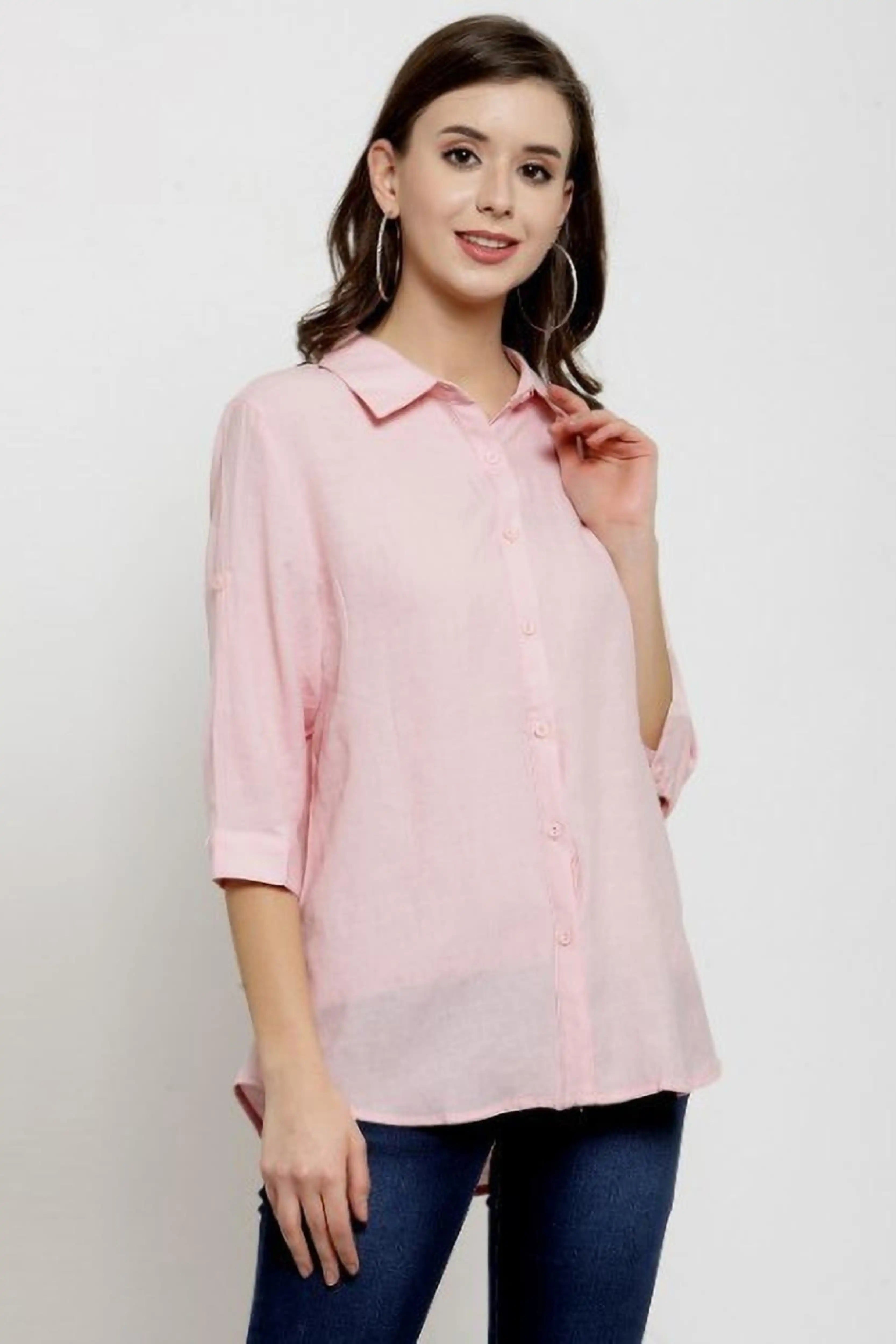 Women Pink Loose Fit Cotton Shirt