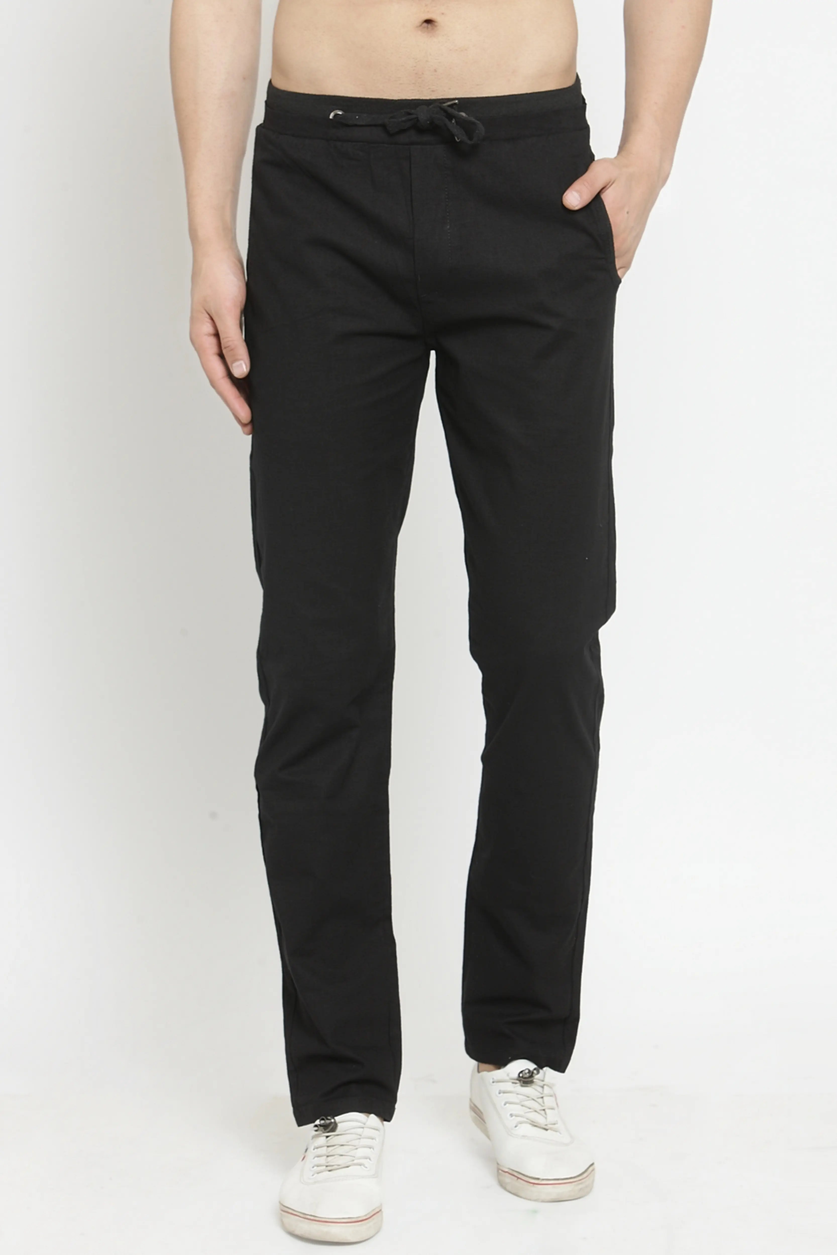 Black Solid Cotton Linen Lower - Global Republic