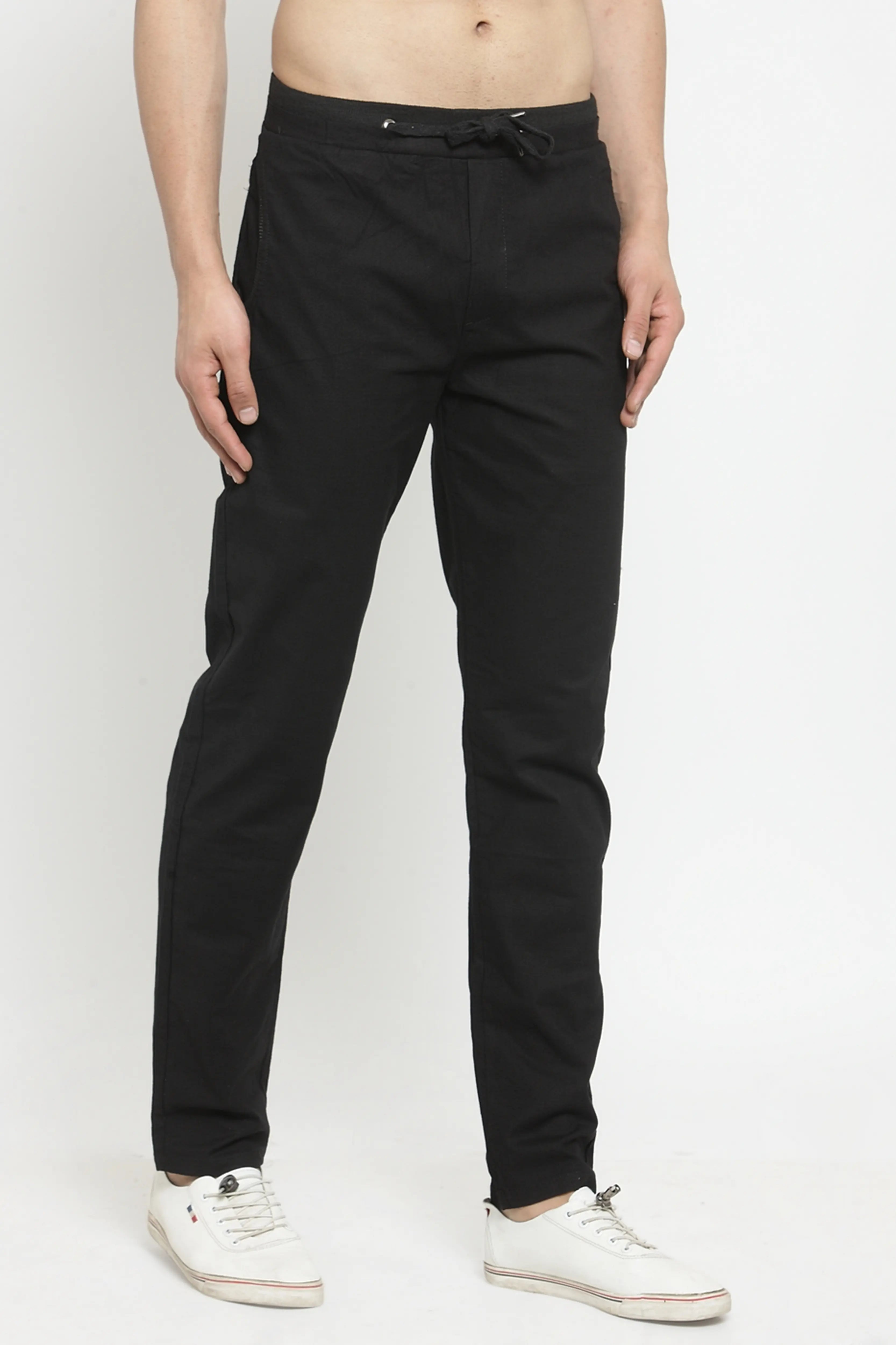 Black Solid Cotton Linen Lower - Global Republic