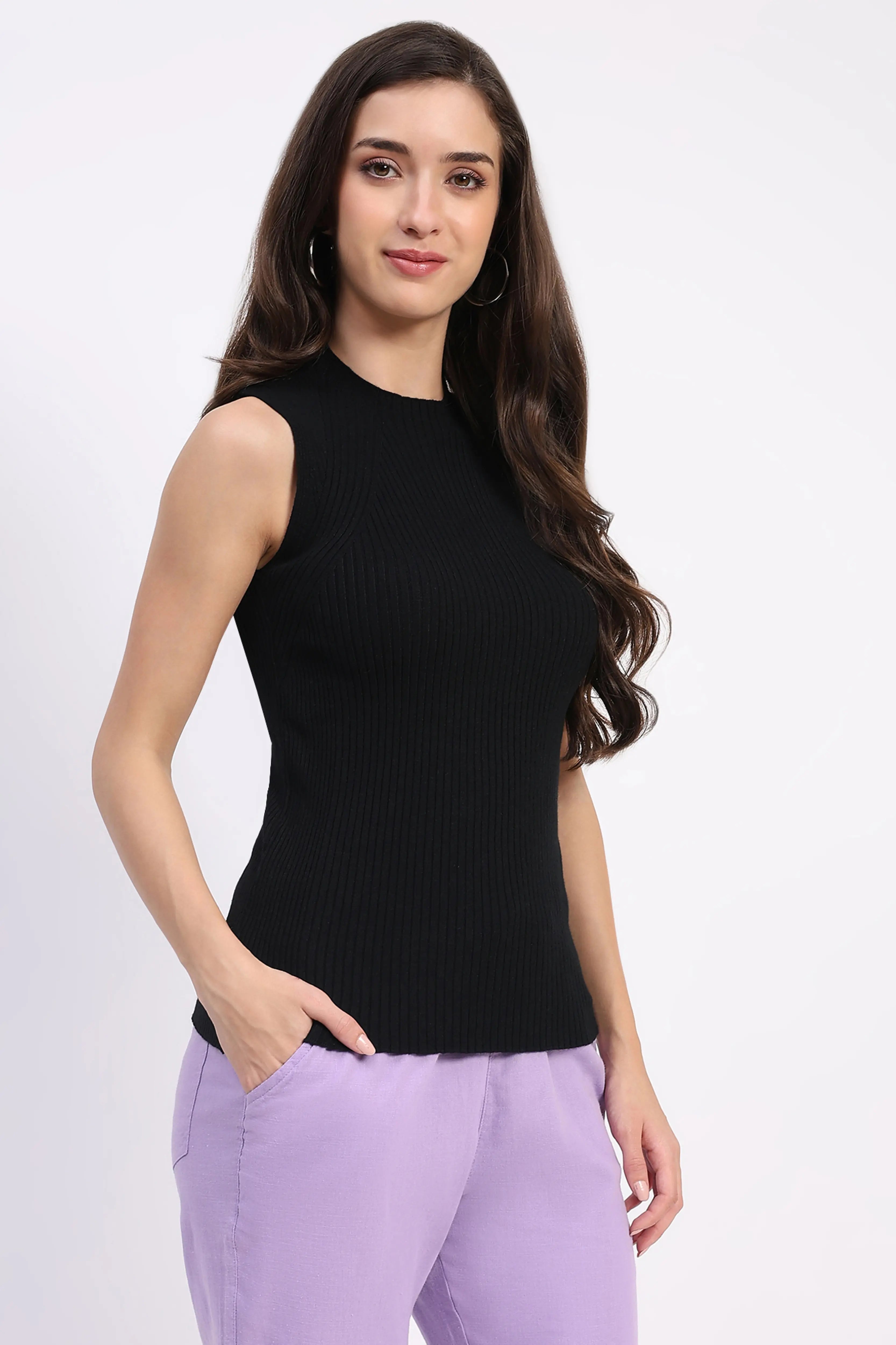 Black Stretchable Knit Skivvy Top