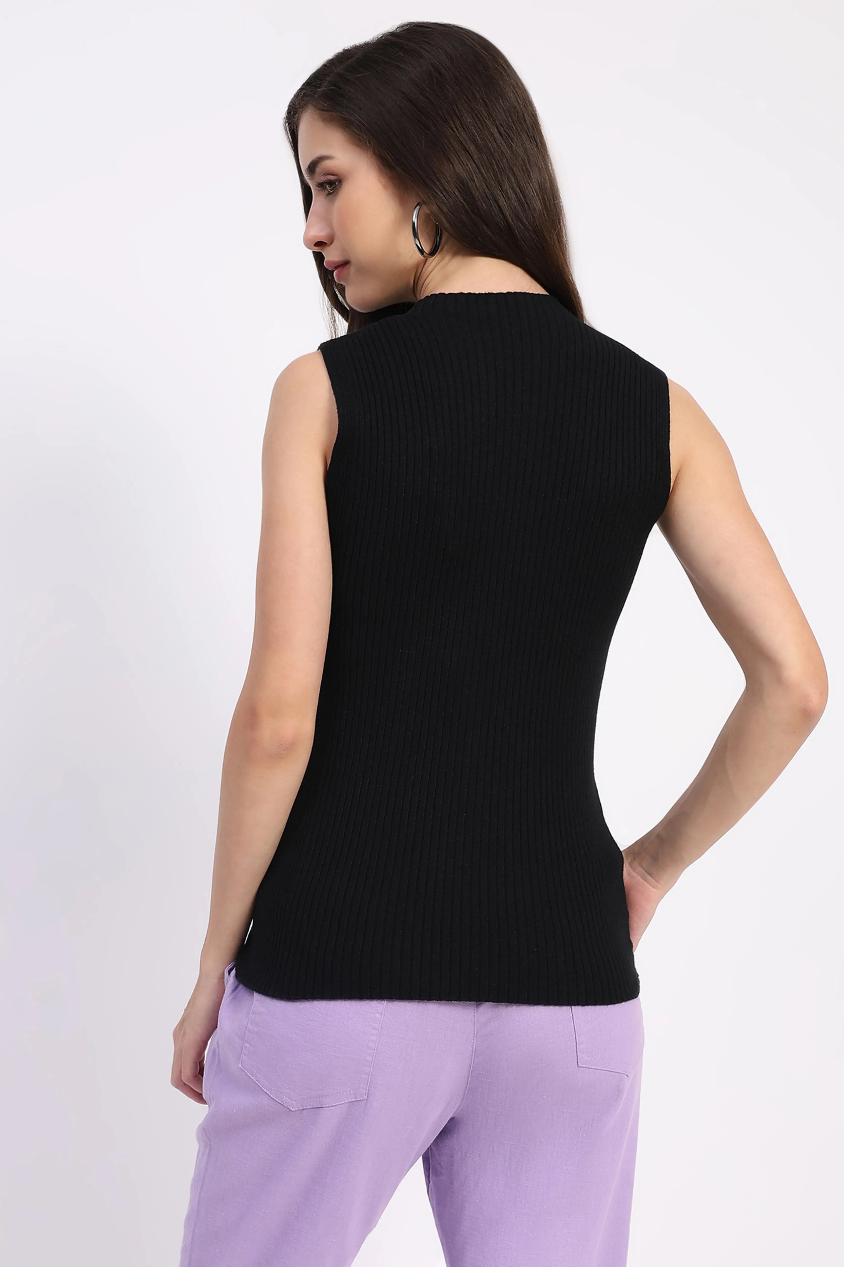 Black Stretchable Knit Skivvy Top