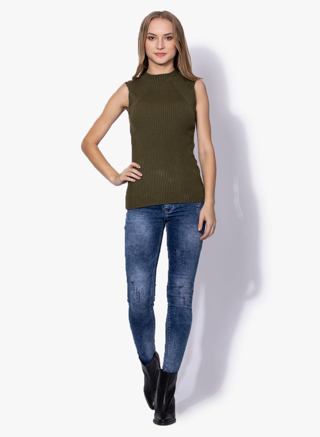 Olive Stretchable Knit Skivvy Top - Global Republic