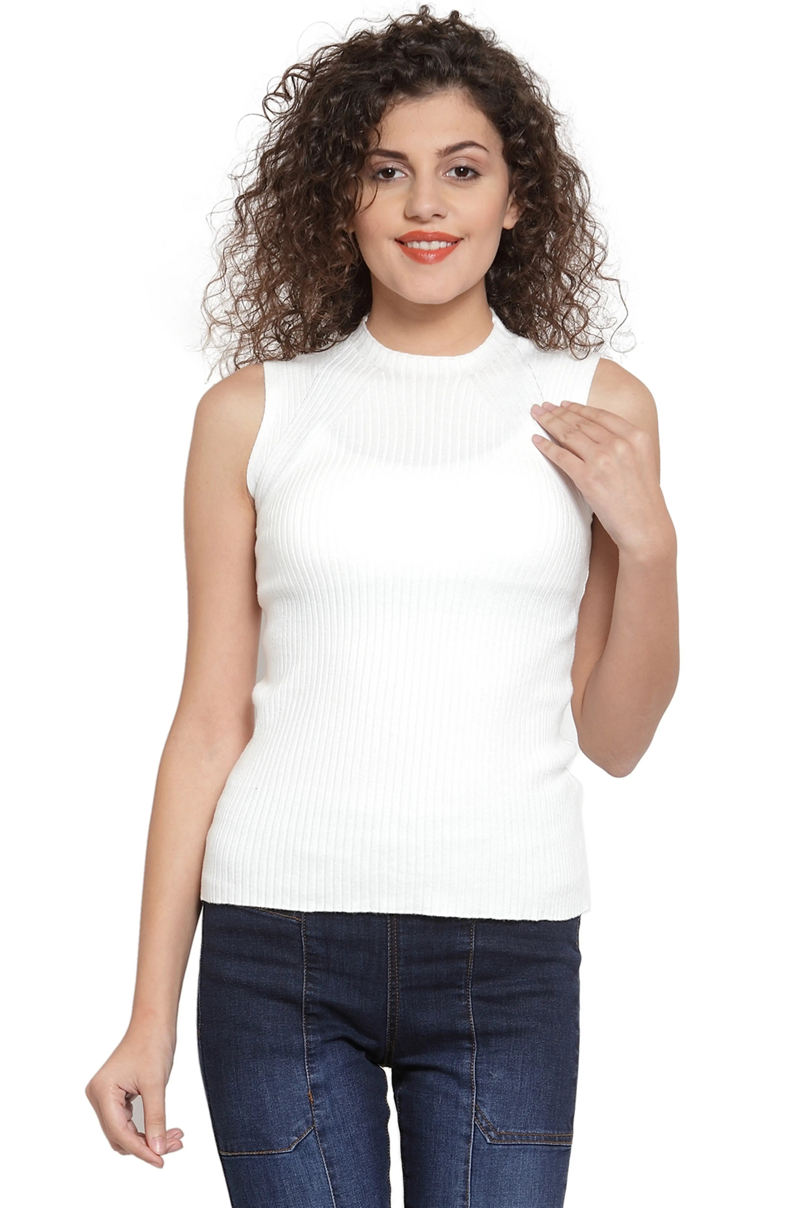 White Stretchable Knit Skivvy Top