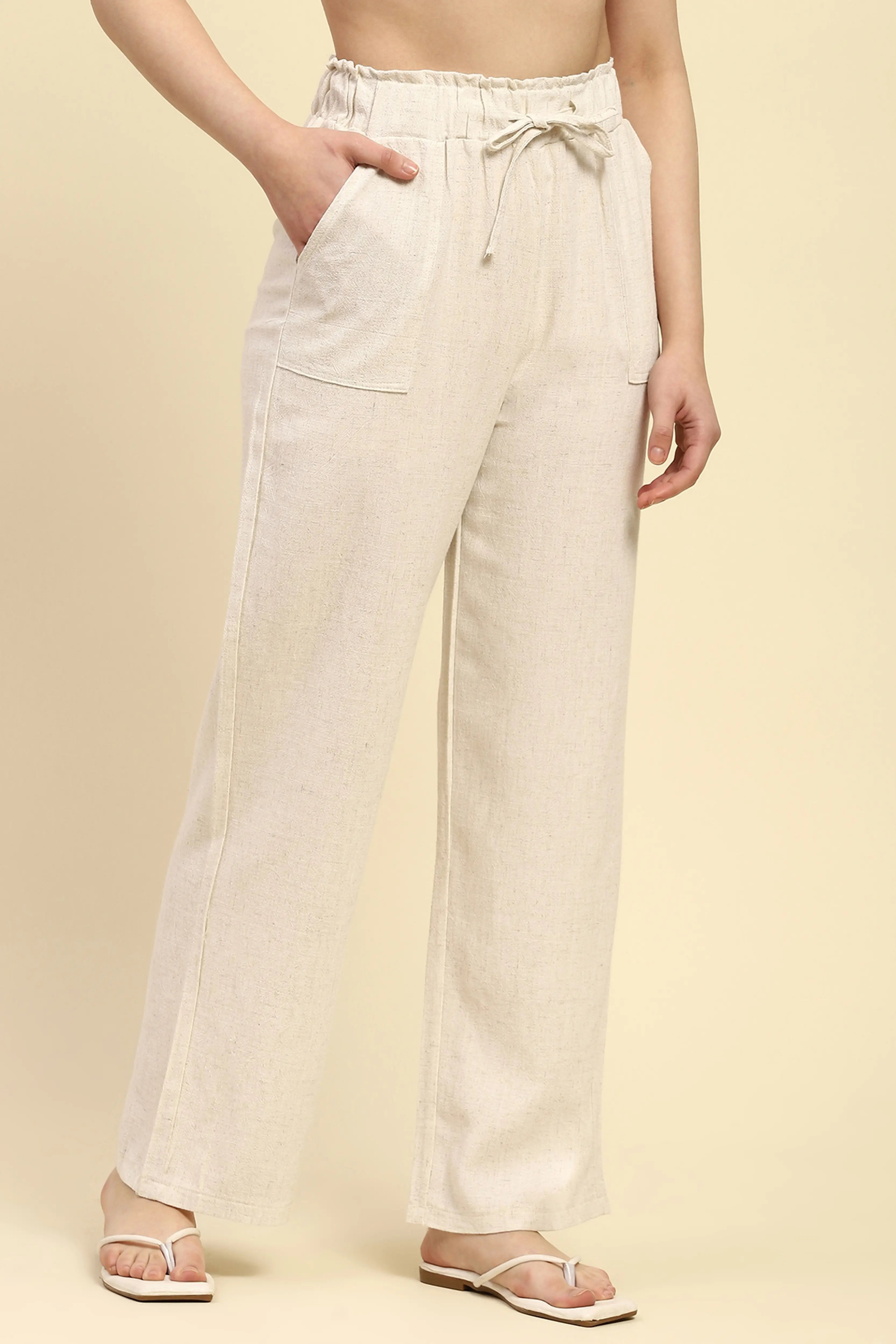 Natural Beige Solid Relaxed Fit Lower - Global Republic