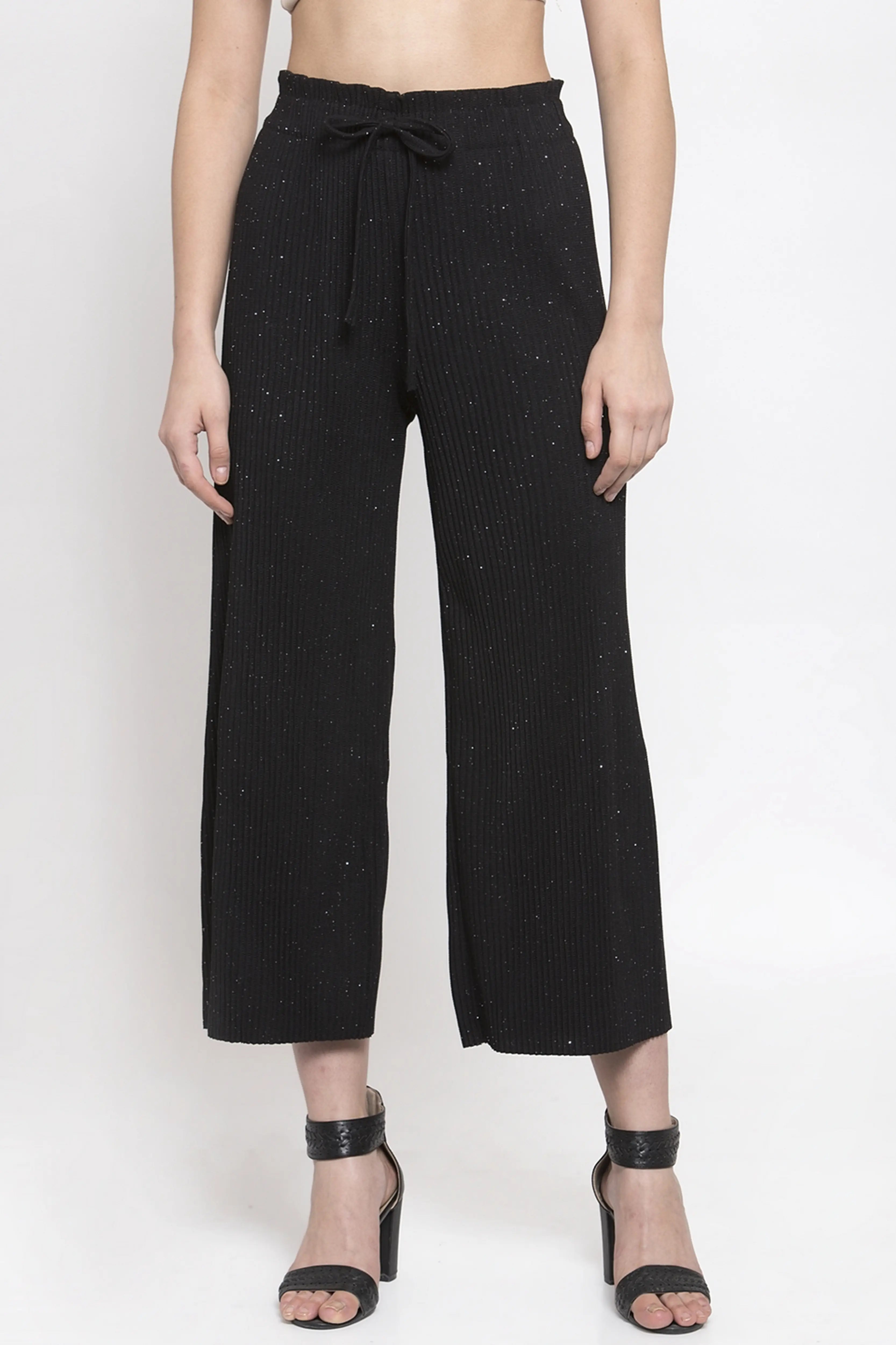 Women Black Relaxed Fit Flared Leg Ankle Length Lower - Global Republic