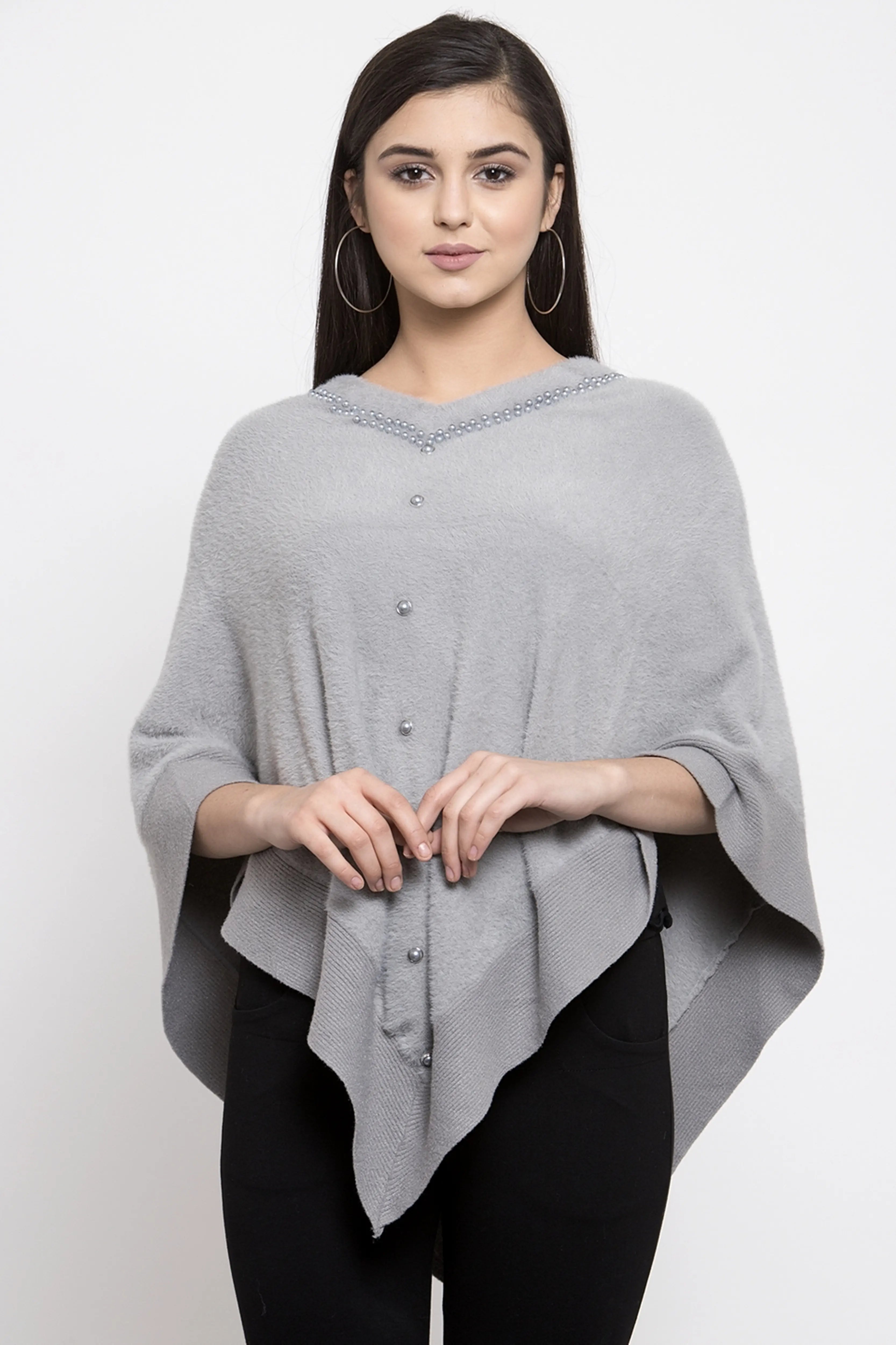Women Grey Round Neck Loose Fit Poncho - Global Republic