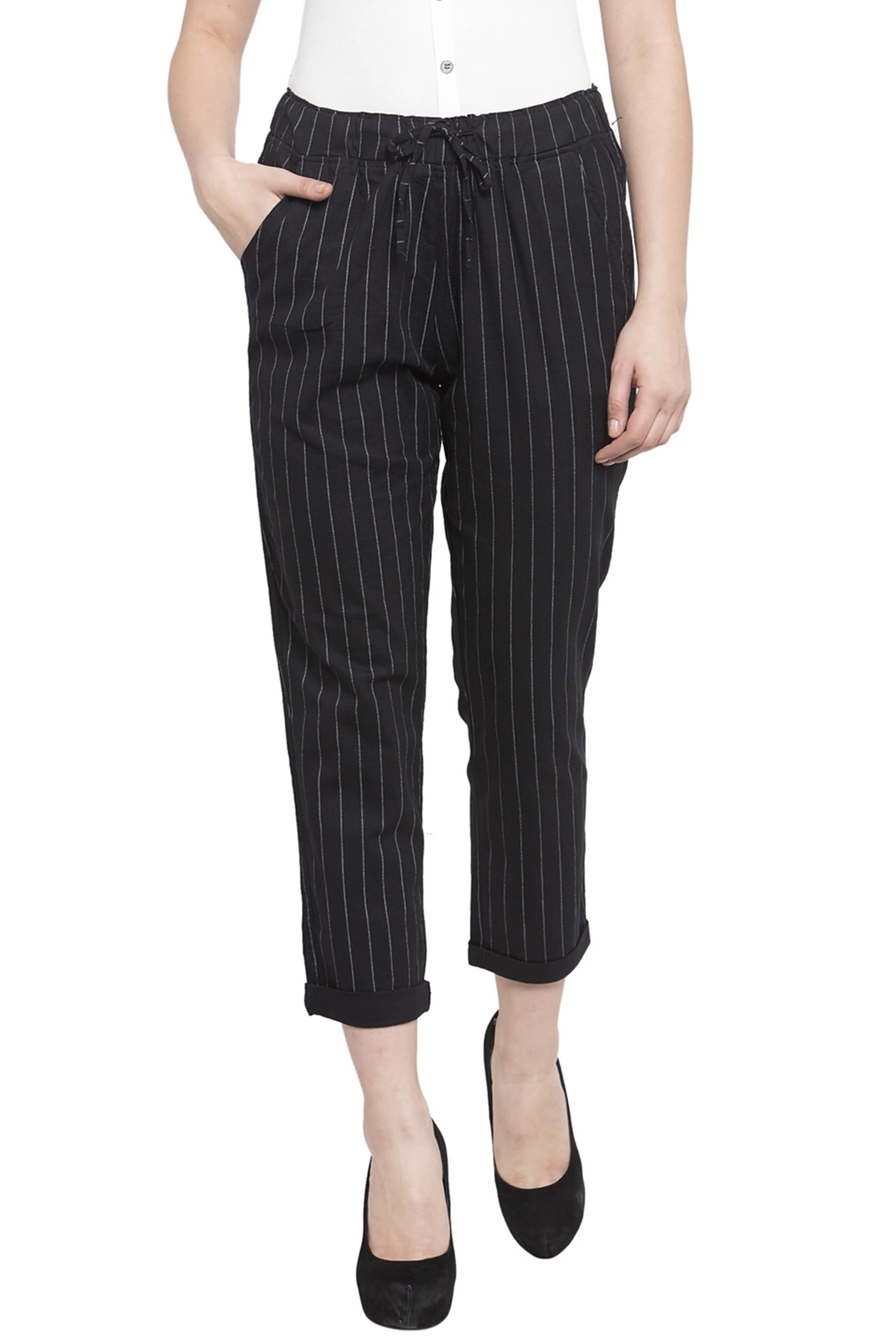 Black Striped Ankle Length Lower - Global Republic