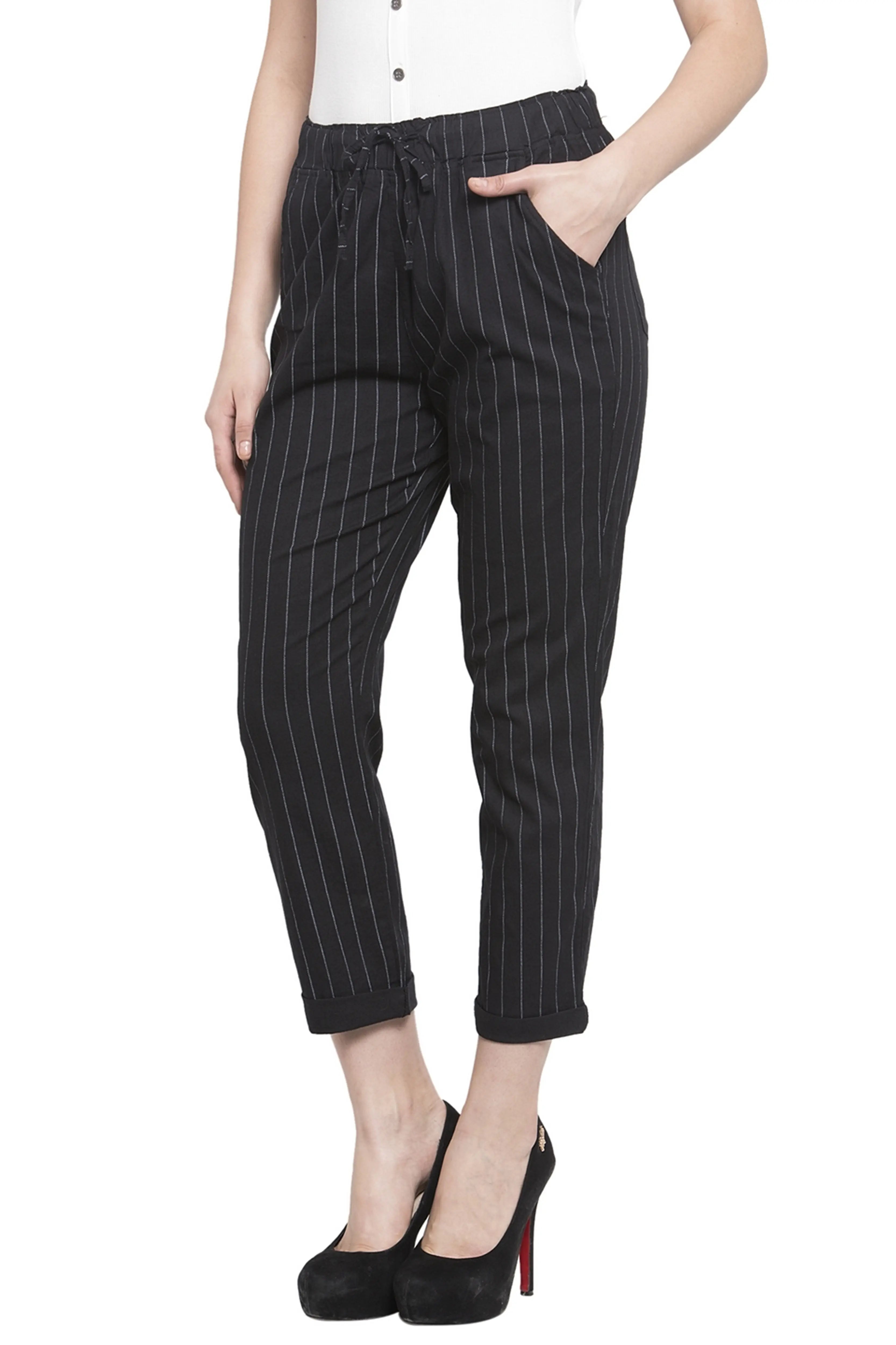 Black Striped Ankle Length Lower - Global Republic
