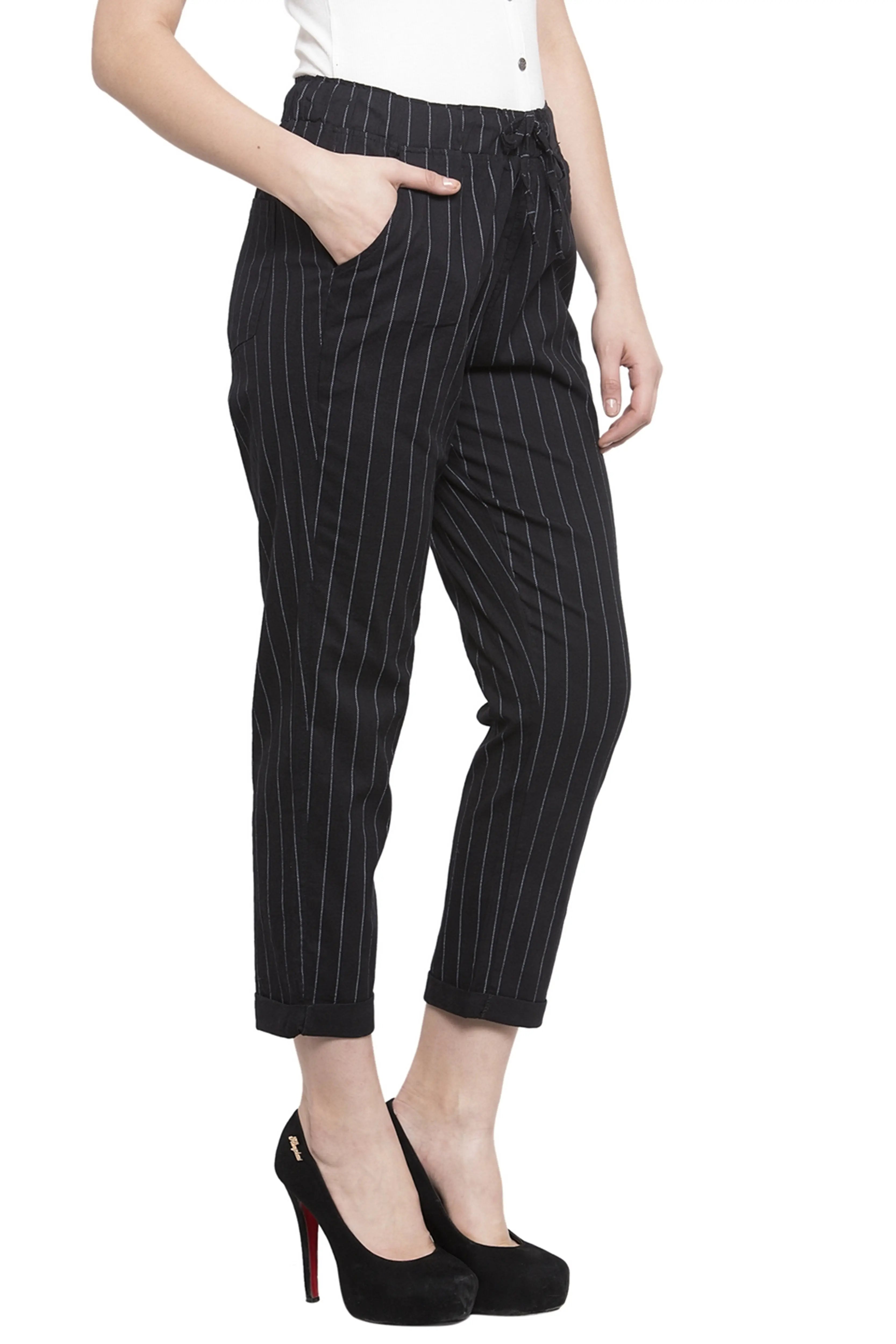 Black Striped Ankle Length Lower - Global Republic