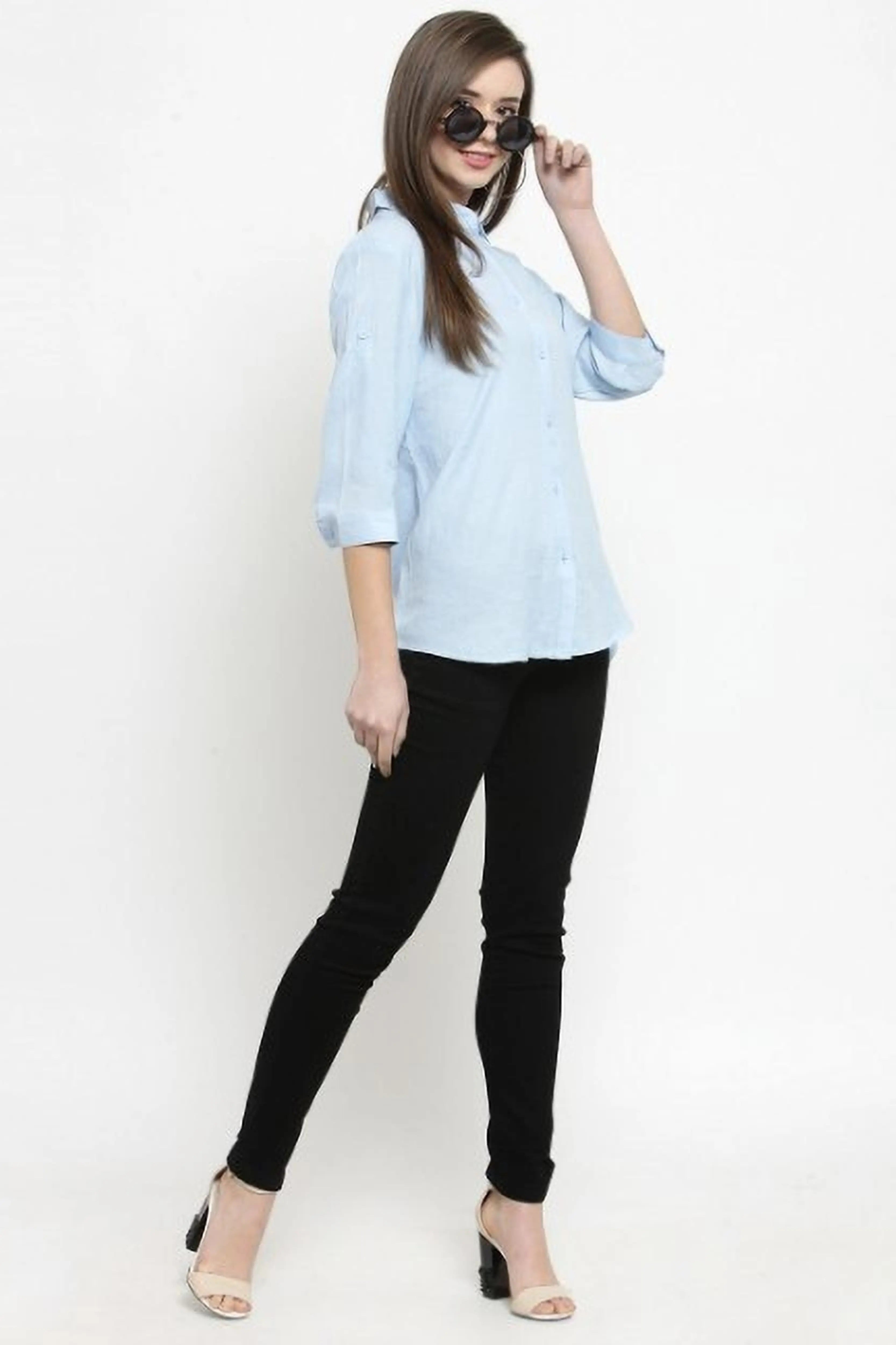 women sky solid cotton shirt