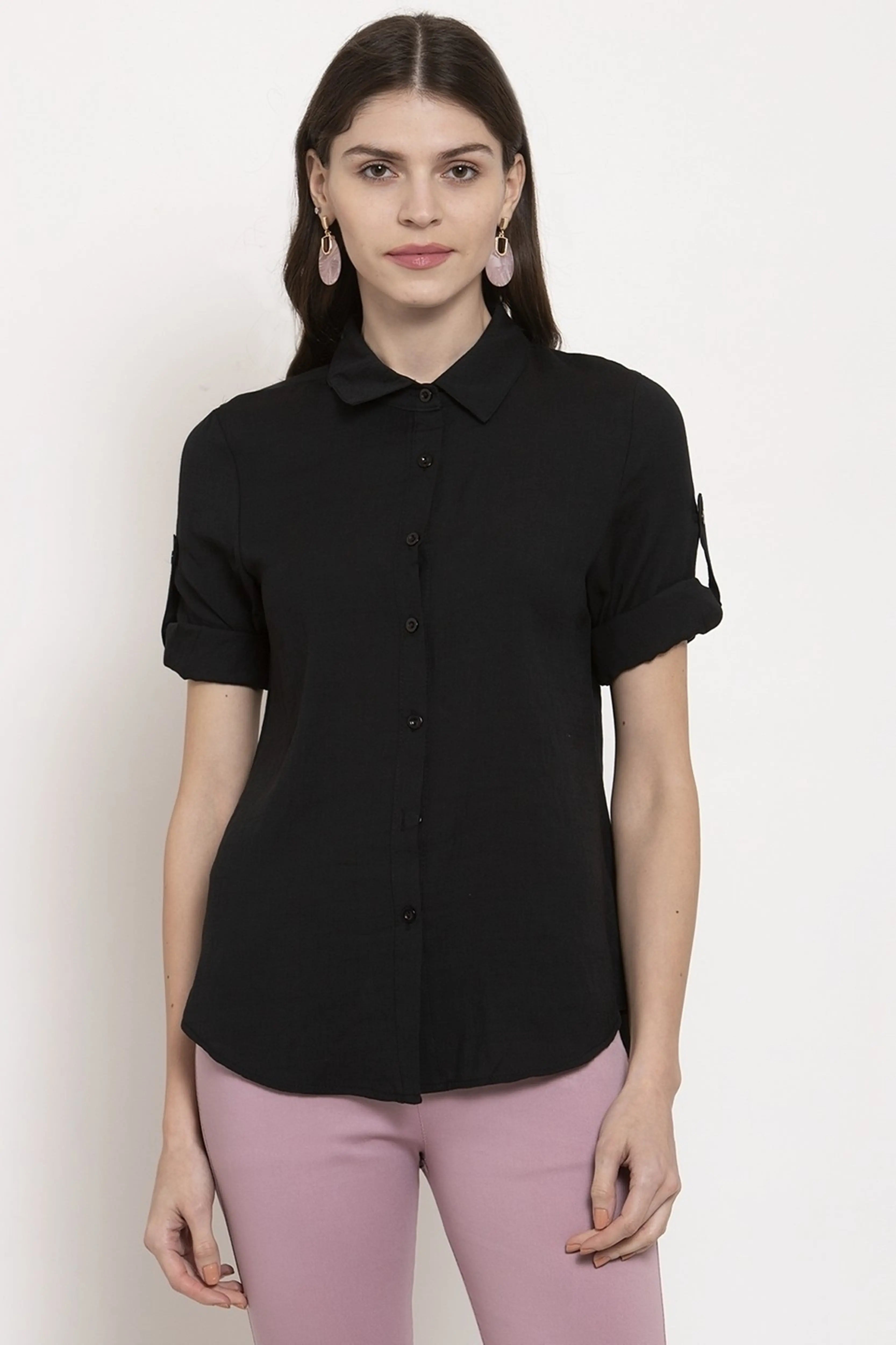 Solid Shirt Collar Relaxed Fit Shirt - Global Republic