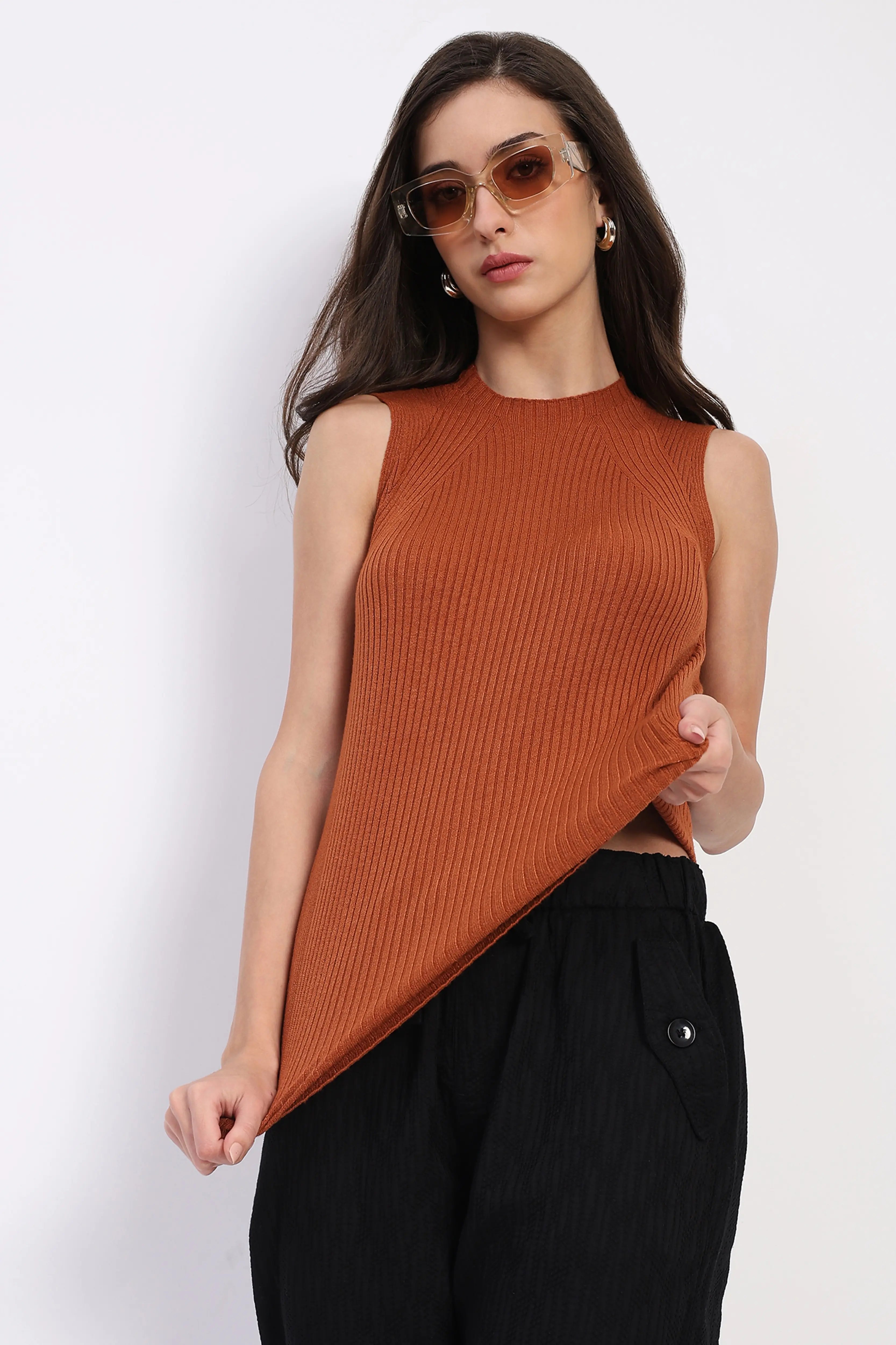 Rust Stretchable Knit Skivvy Top - Global Republic