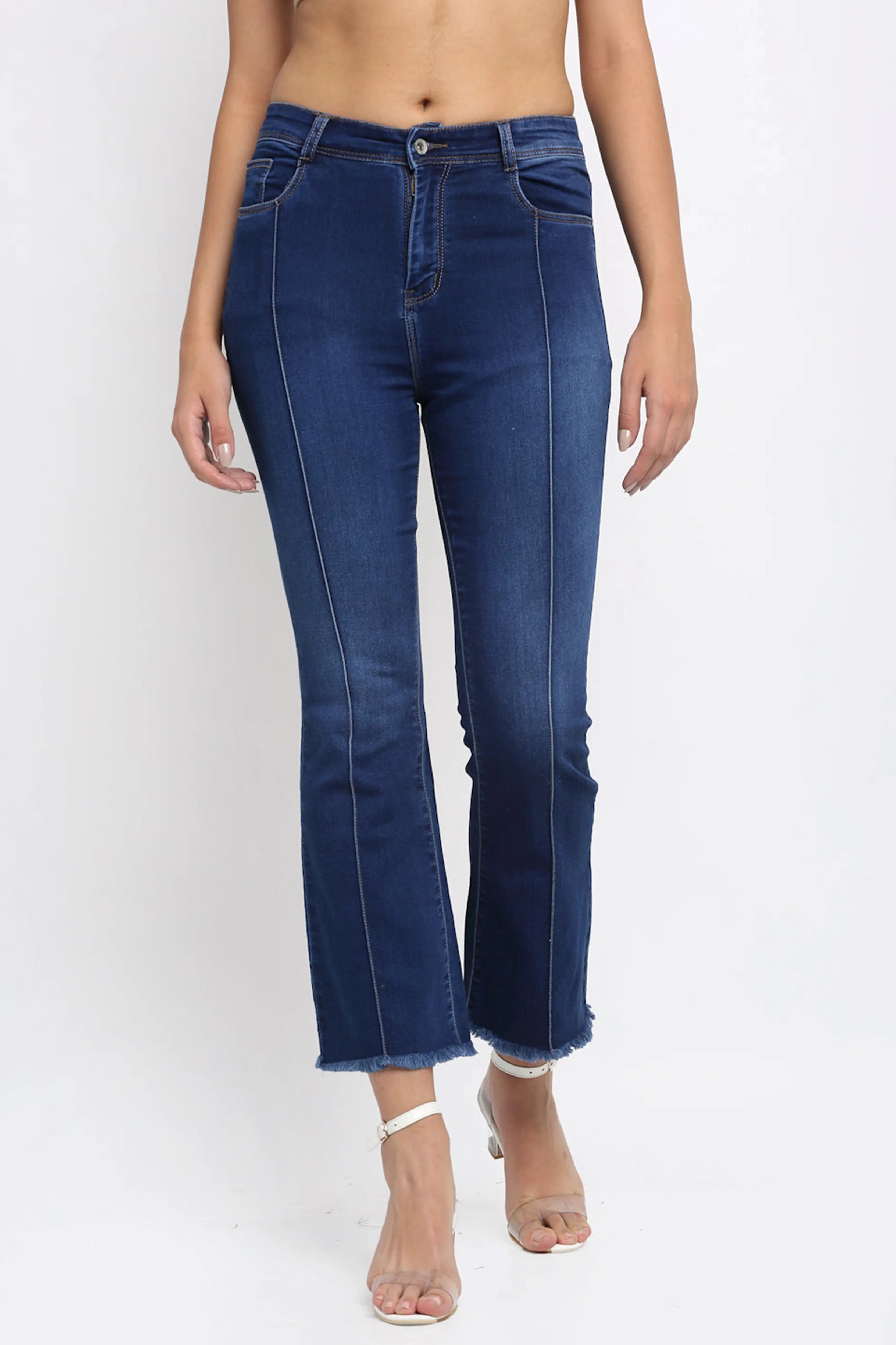 Women Bell Bottom Cropped Navy Blue Jeans - Global Republic