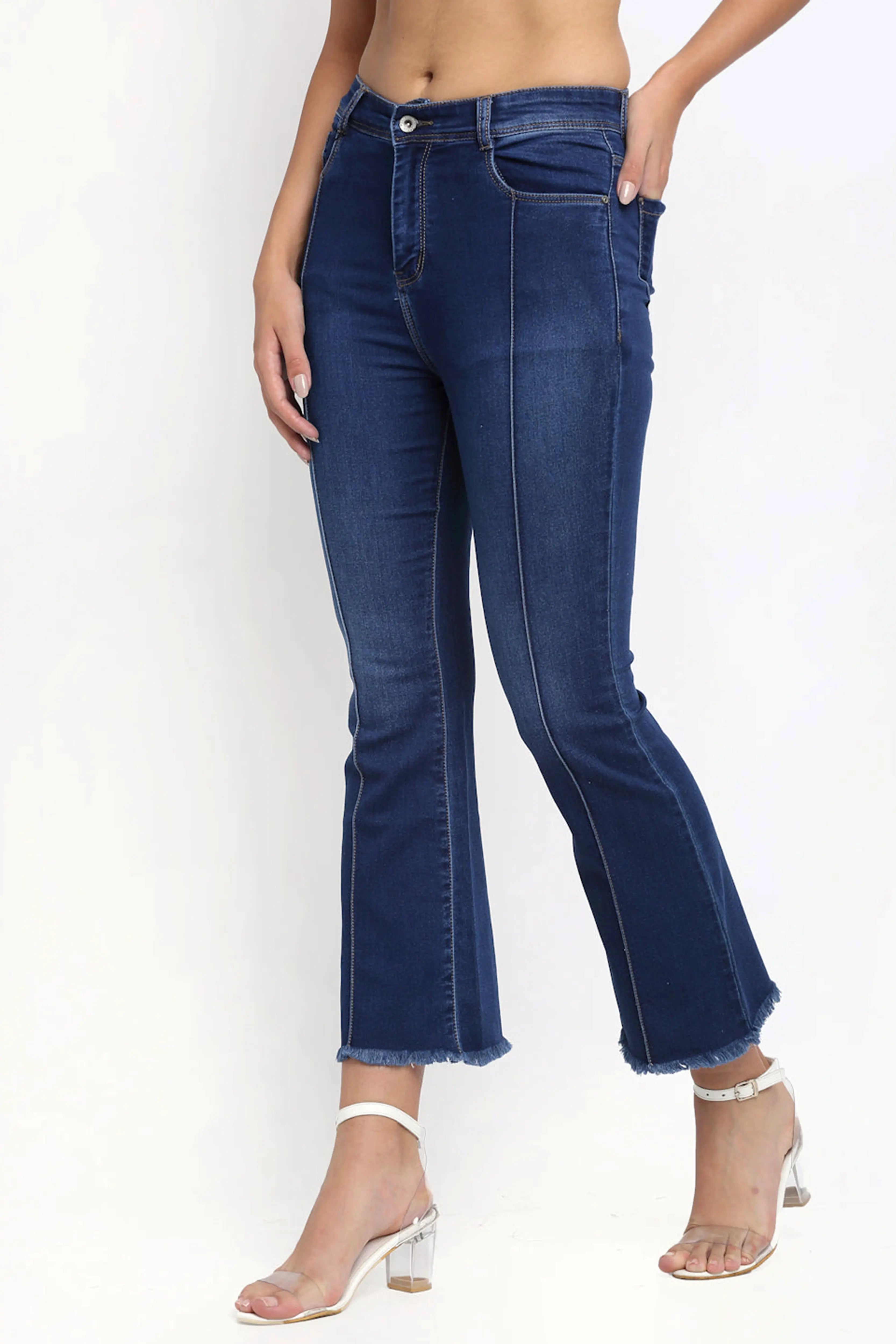 Women Bell Bottom Cropped Navy Blue Jeans - Global Republic
