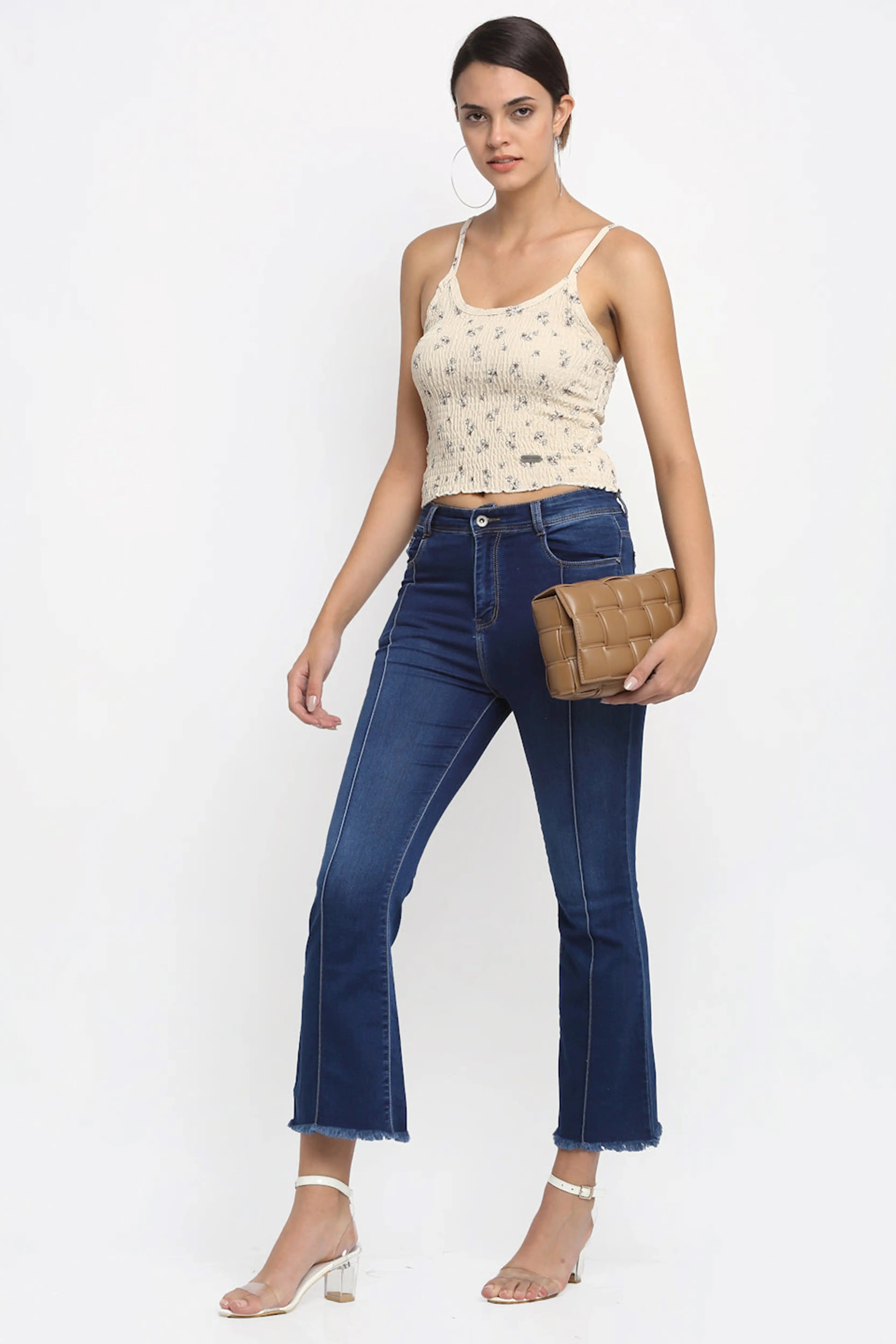 Women Bell Bottom Cropped Navy Blue Jeans - Global Republic