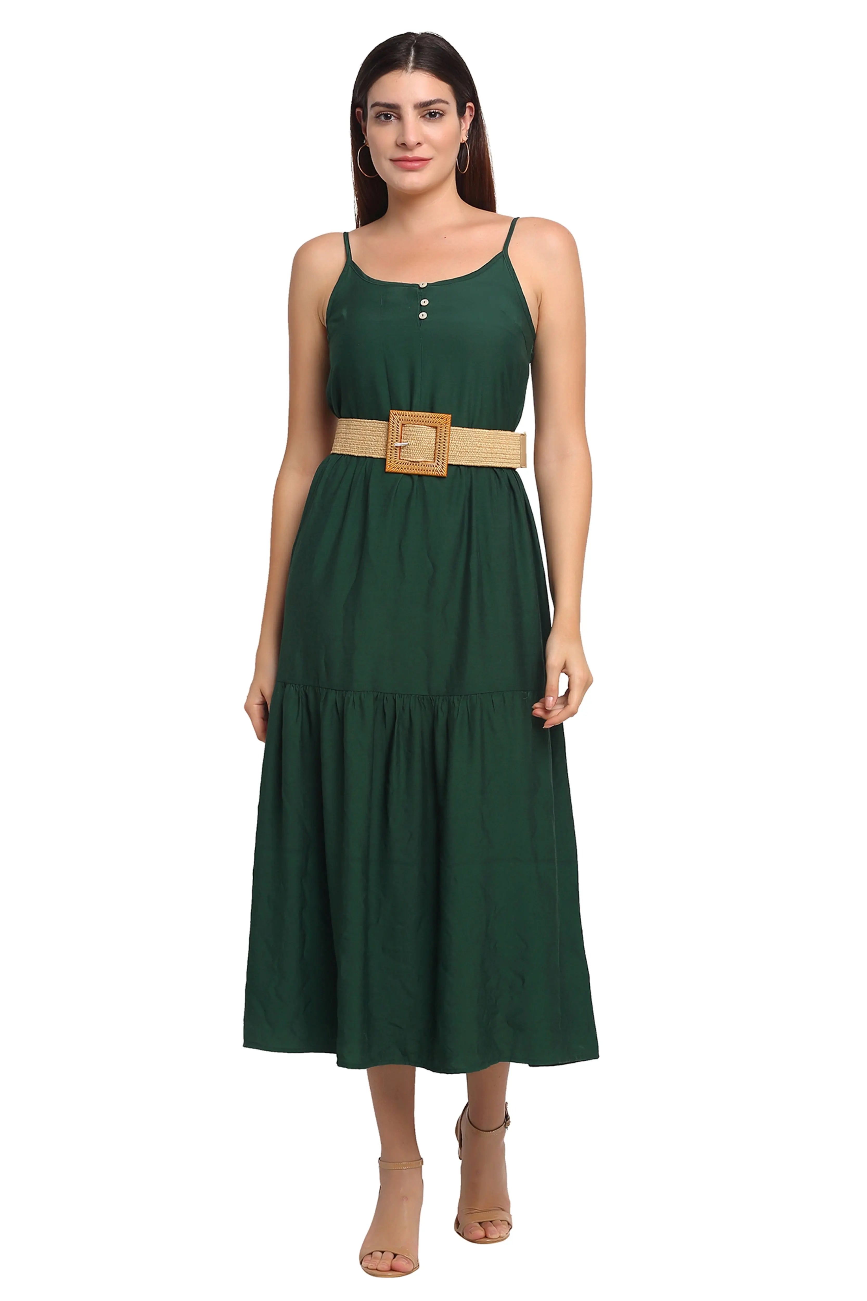 Dark Green Rayon Regular Fit Dress - Global Republic