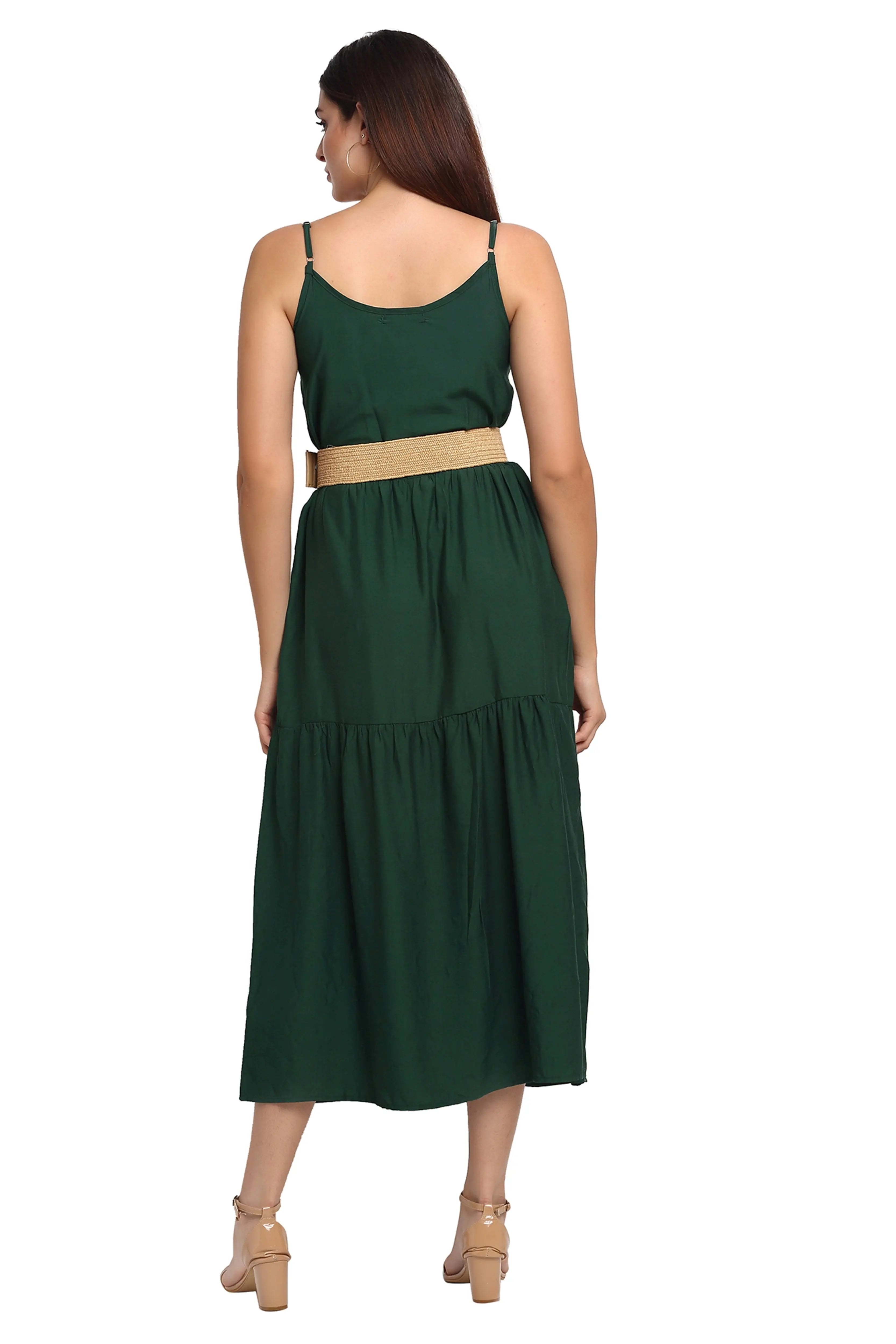 Dark Green Rayon Regular Fit Dress - Global Republic
